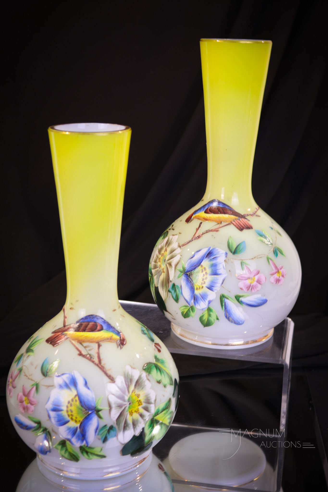 Victorian Birds & Flowers Enameled Glass Mantle Vases (1 of 6)