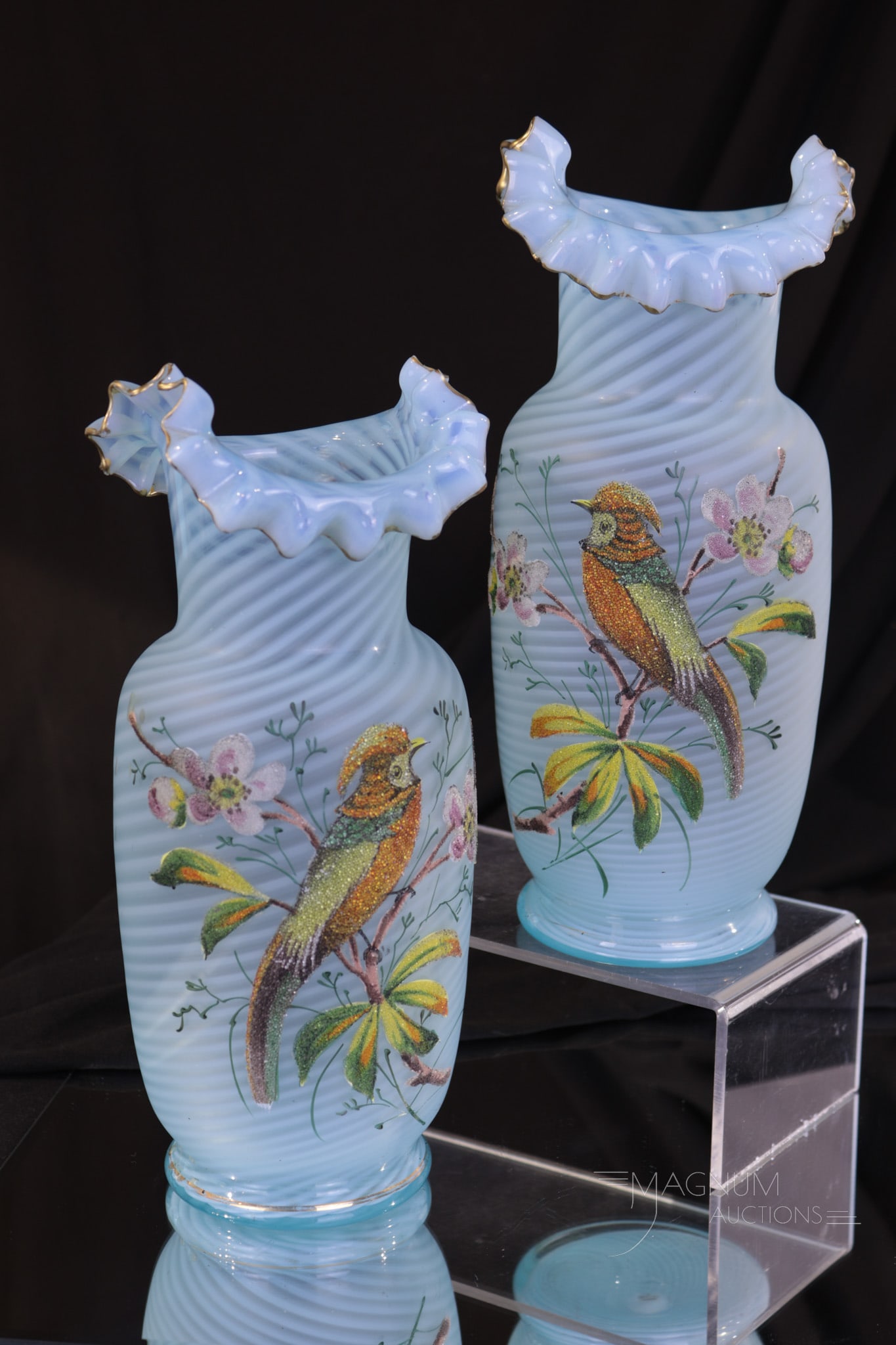 Victorian Blue Opalescent Satin Coralene Mantle Vases (1 of 7)