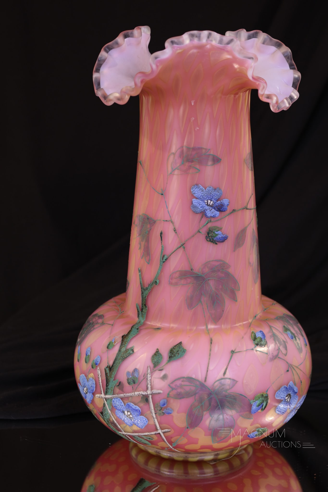 Rare Color Victorian Decorated Mother of Pearl Satin Glass 11" Vase (1 of 6)