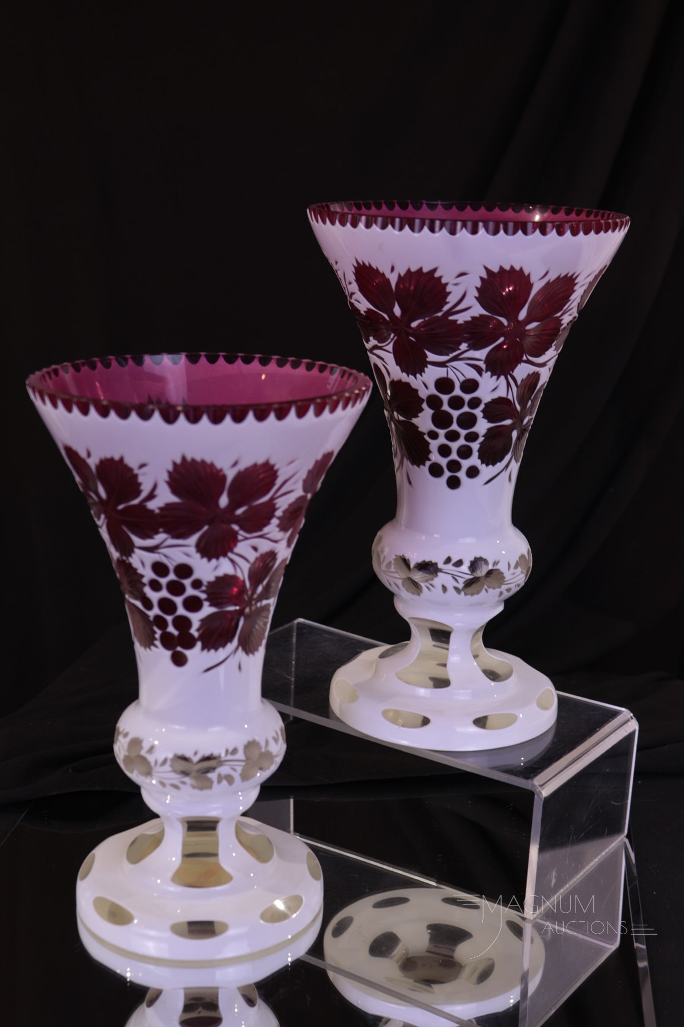 Bohemian Cranberry Overlay Grape Engraved 9" Mantle Vases (1 of 6)