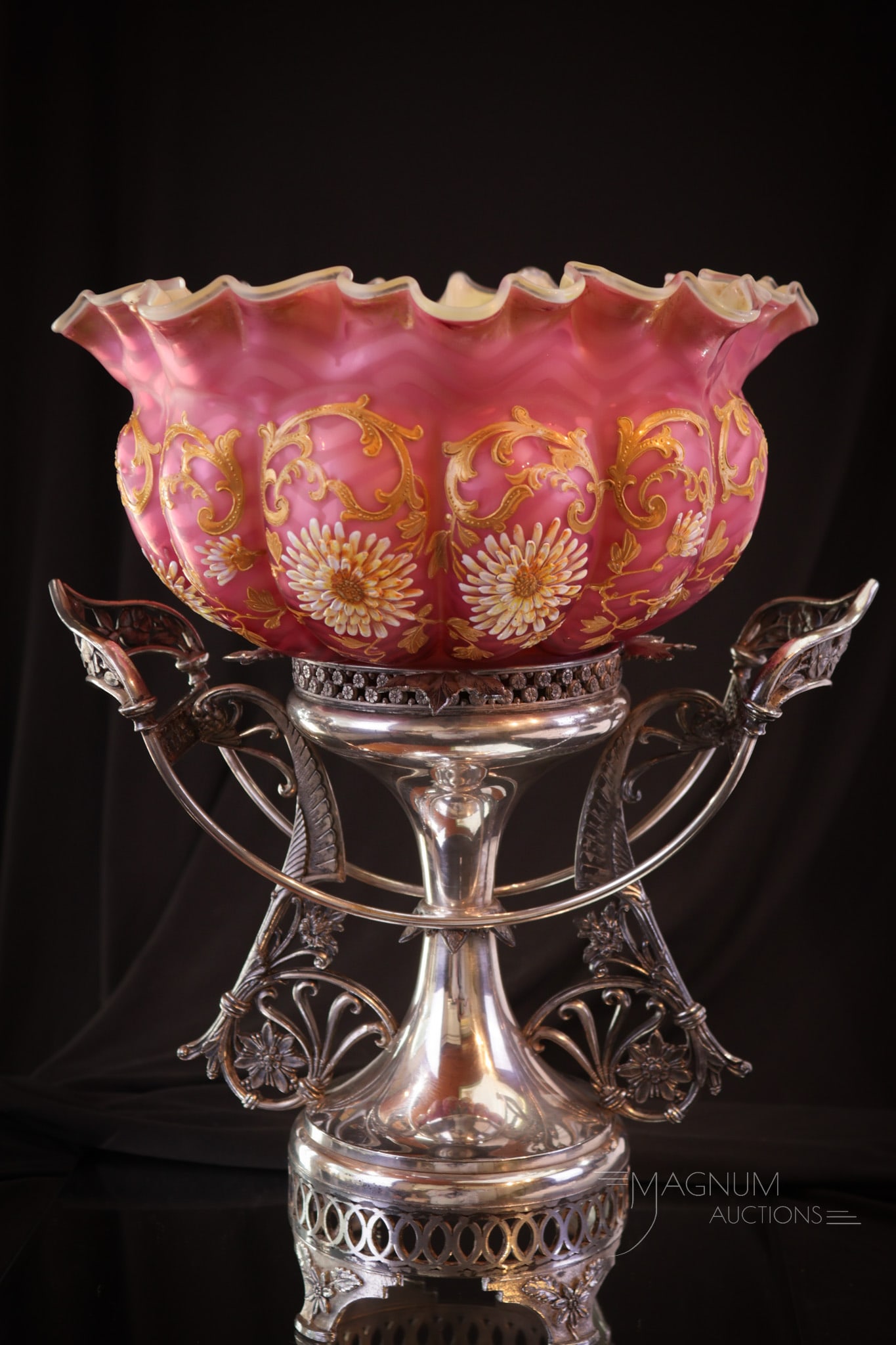 Aurora Silverplate Monumental Victorian Mother of Pearl Satin Glass Brides Bowl (1 of 11)
