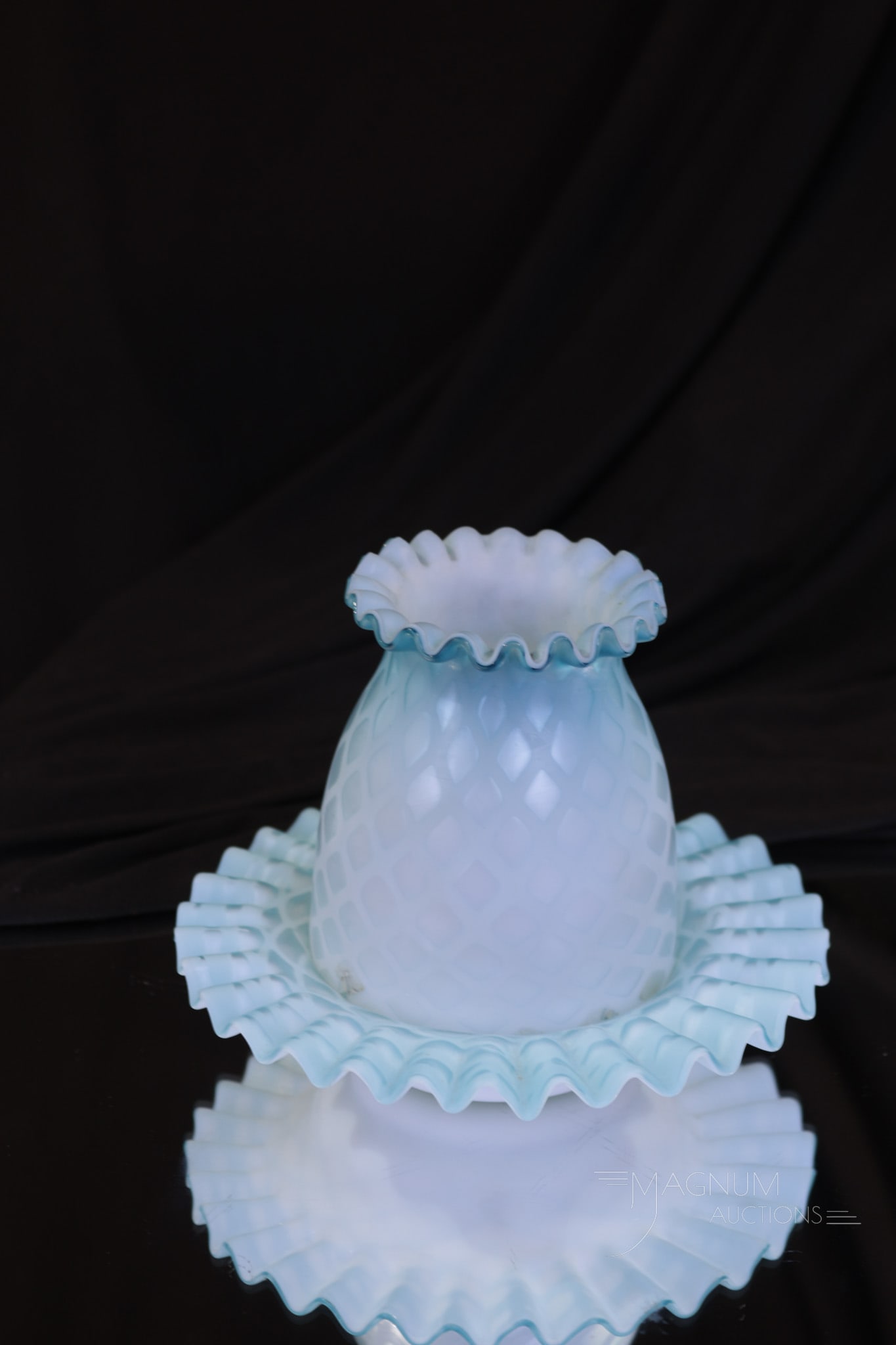 Victorian Blue Satin Diamond Quilt Mother of Pearl Glass Fairy Lamp (1 of 6)