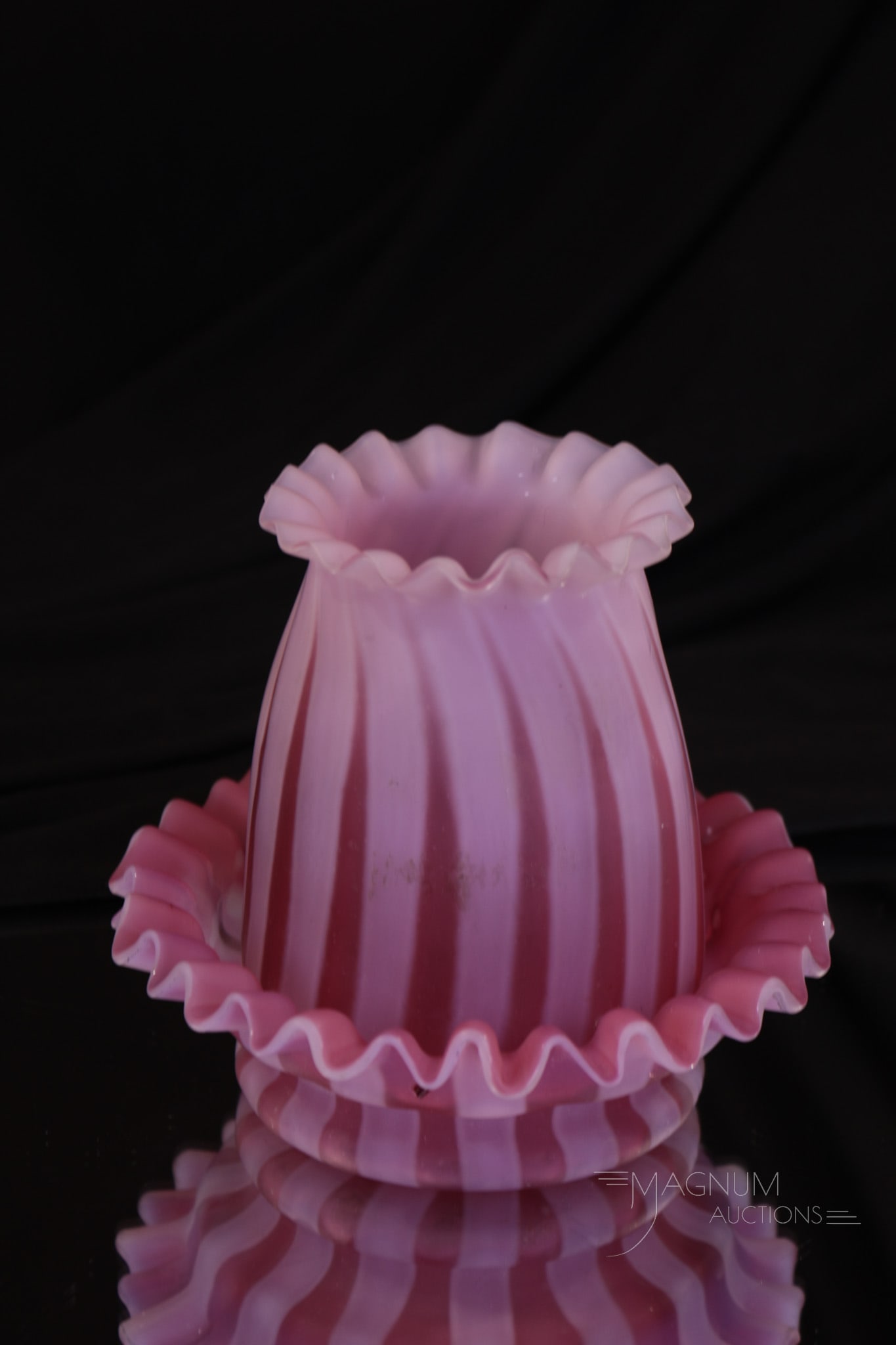 Cranberry Opalescent Satin Glass Victorian Fairy lamp: A seldom seen example in fairy lamps. This one in deep rich cranberry glass with opalescent ribs. Complete on matching base. Fairy lamp measures 4 3/4" tall.