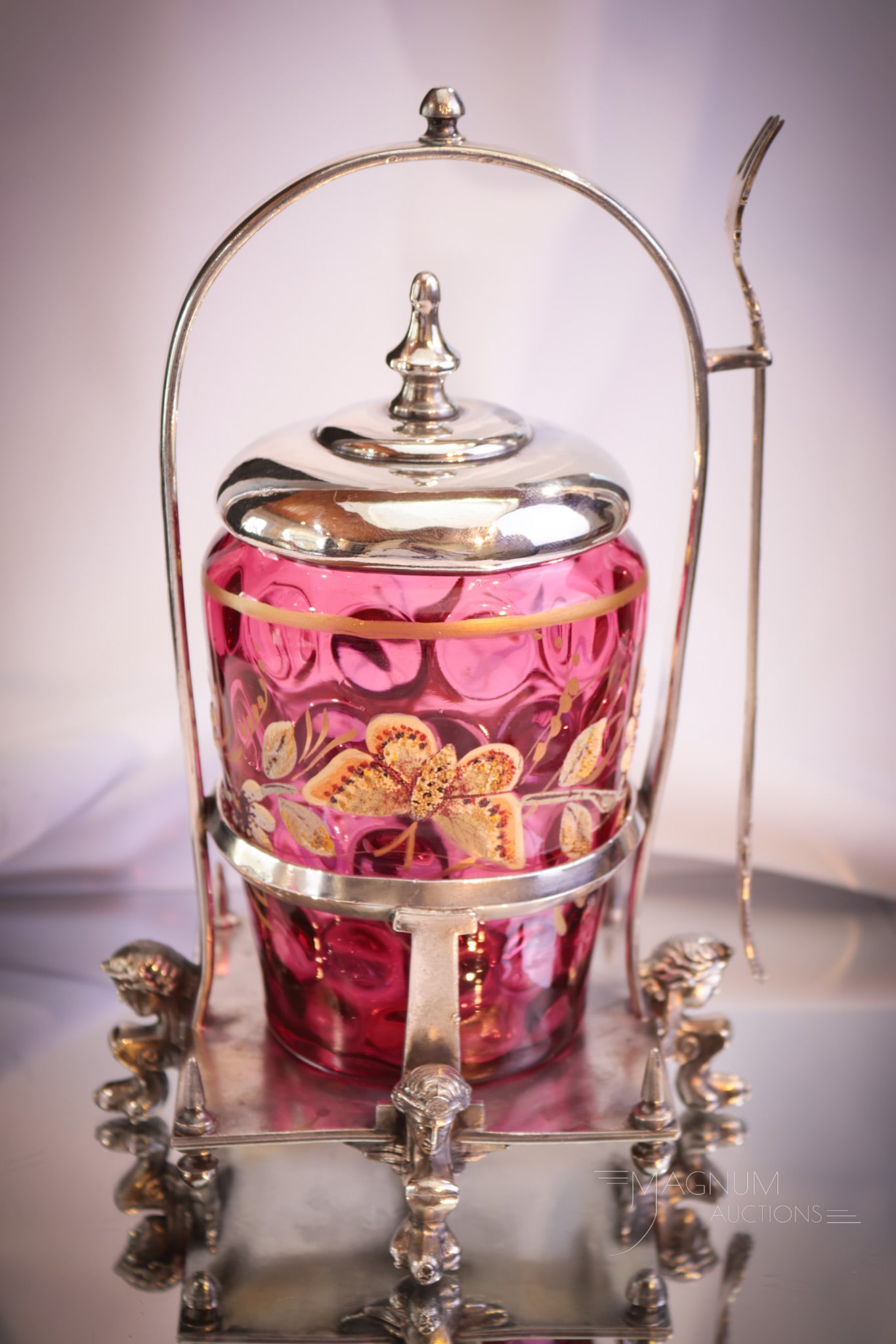 Reed & Barton Silverplate Cranberry Enameled Glass Victorian Pickle Castor (1 of 10)