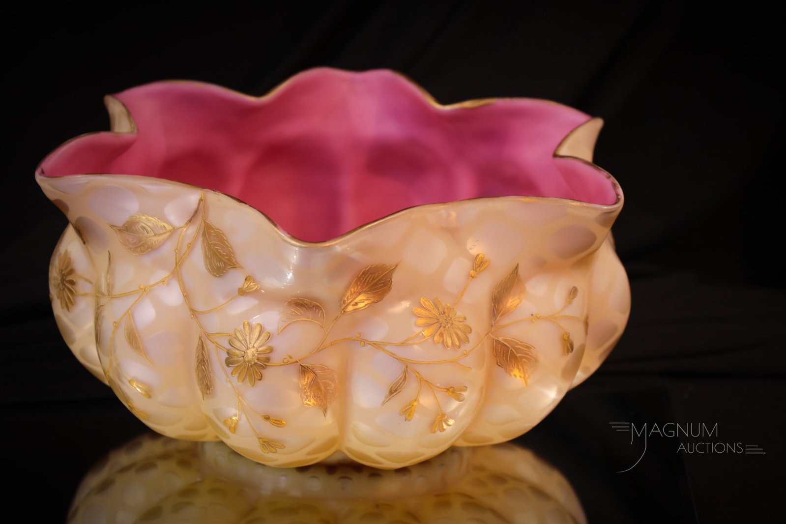 Champagne Mother of Pearl Victorian Cased Glass Gilt Brides Bowl: Super example of a champagne Victorian gilt enameled melon rib brides bowl. This bowl with deep rose interior is a statement piece. Just pure class. Bowl measures 4 7/8" tall, 9 3/4" in diameter, and 