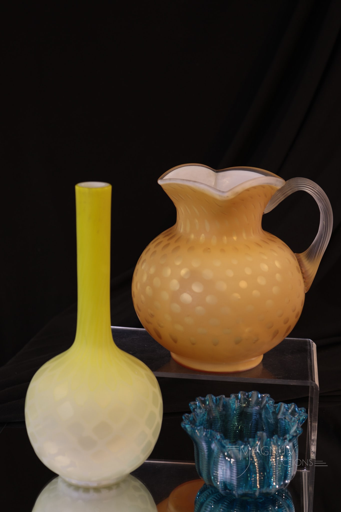 3 pc Lot Victorian Art Glass Mother of Pearl & More: Three fine pieces of Victorian mother of pearl art glass. The first is a "Jewel" pattern mother of pearl glossy nut bowl. The second is a honey amber pitcher. The third example is a canary diamond qui