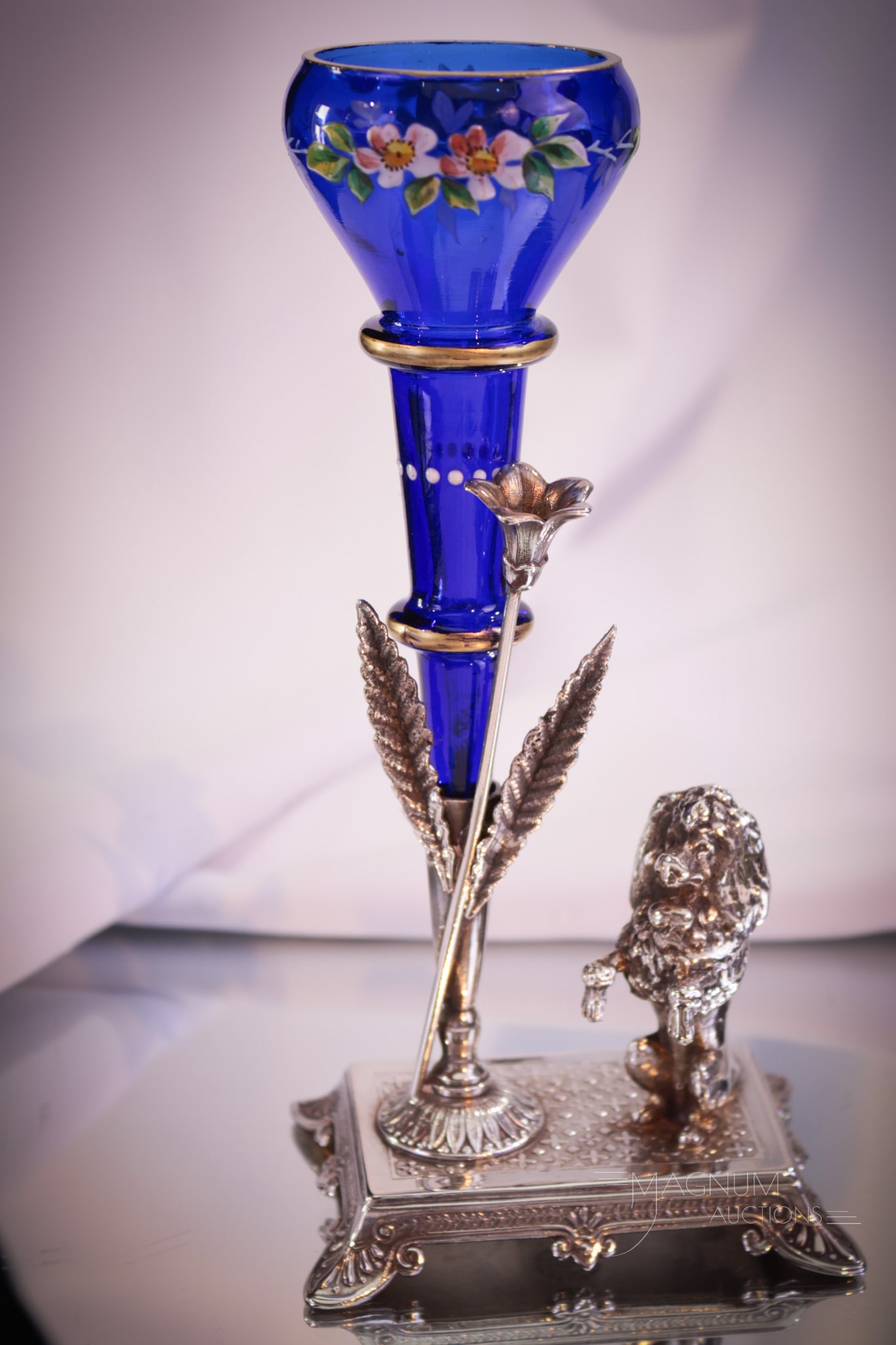 Tufts Victorian Silverplate Figural Poodle Cobalt Enameled Glass Bud vase (1 of 7)