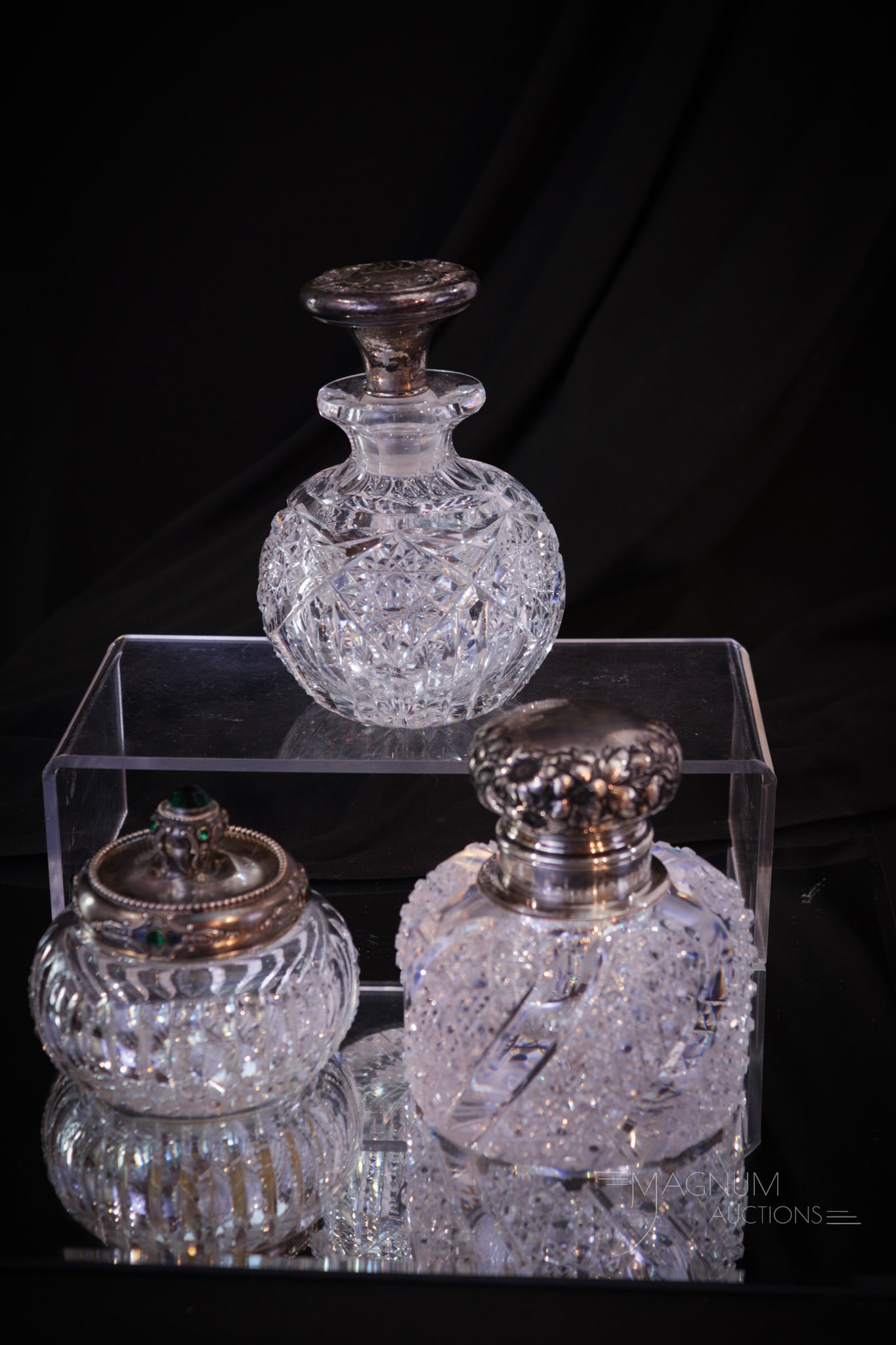 3 pc Lot Brilliant Cut Glass Inkwell Perfume Sterling & More (1 of 14)