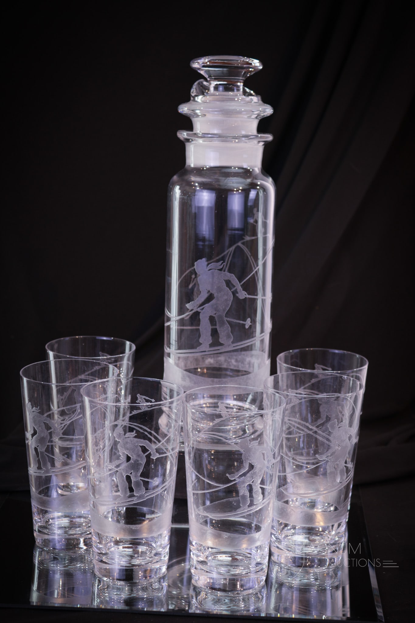7 pc Heisey Glass "Cobel" Cocktail Shaker Set with Skier Etching (1 of 12)