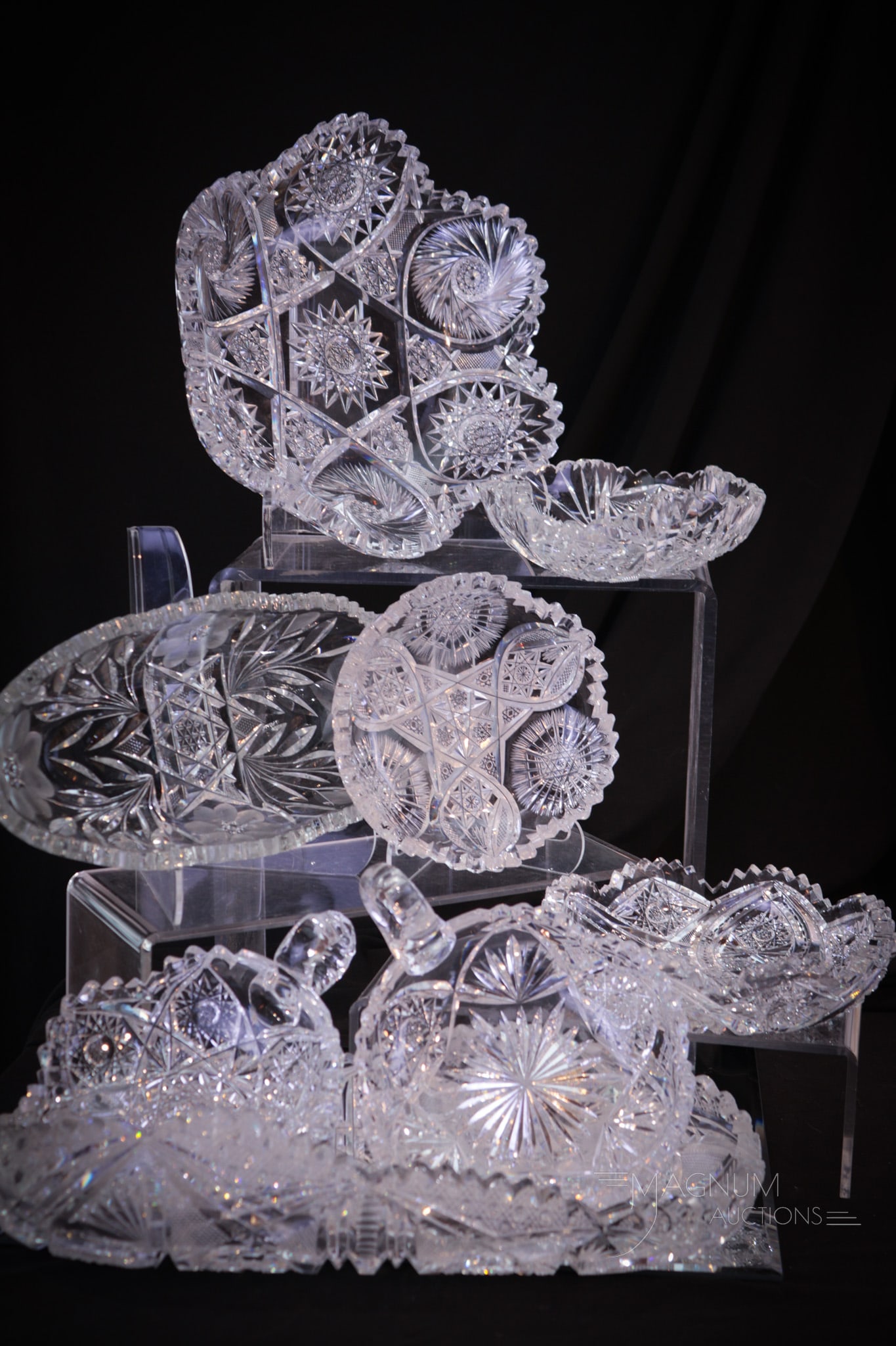 8 pc Lot American Brilliant Period Cut Glass Nappies & More: Eight unique pieces of American brilliant period cut glass. This lot features a pickle dish with waffle, fan, and hobstar cutting, (exhibits a chipped tooth.) A pickle dish engraved with flowers. A pi
