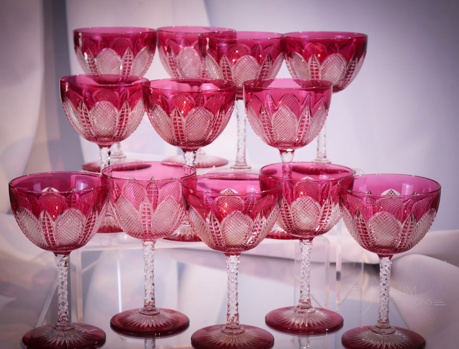 12 pc Lot Continental Cranberry Cut to Clear Cocktail Stems (1 of 7)