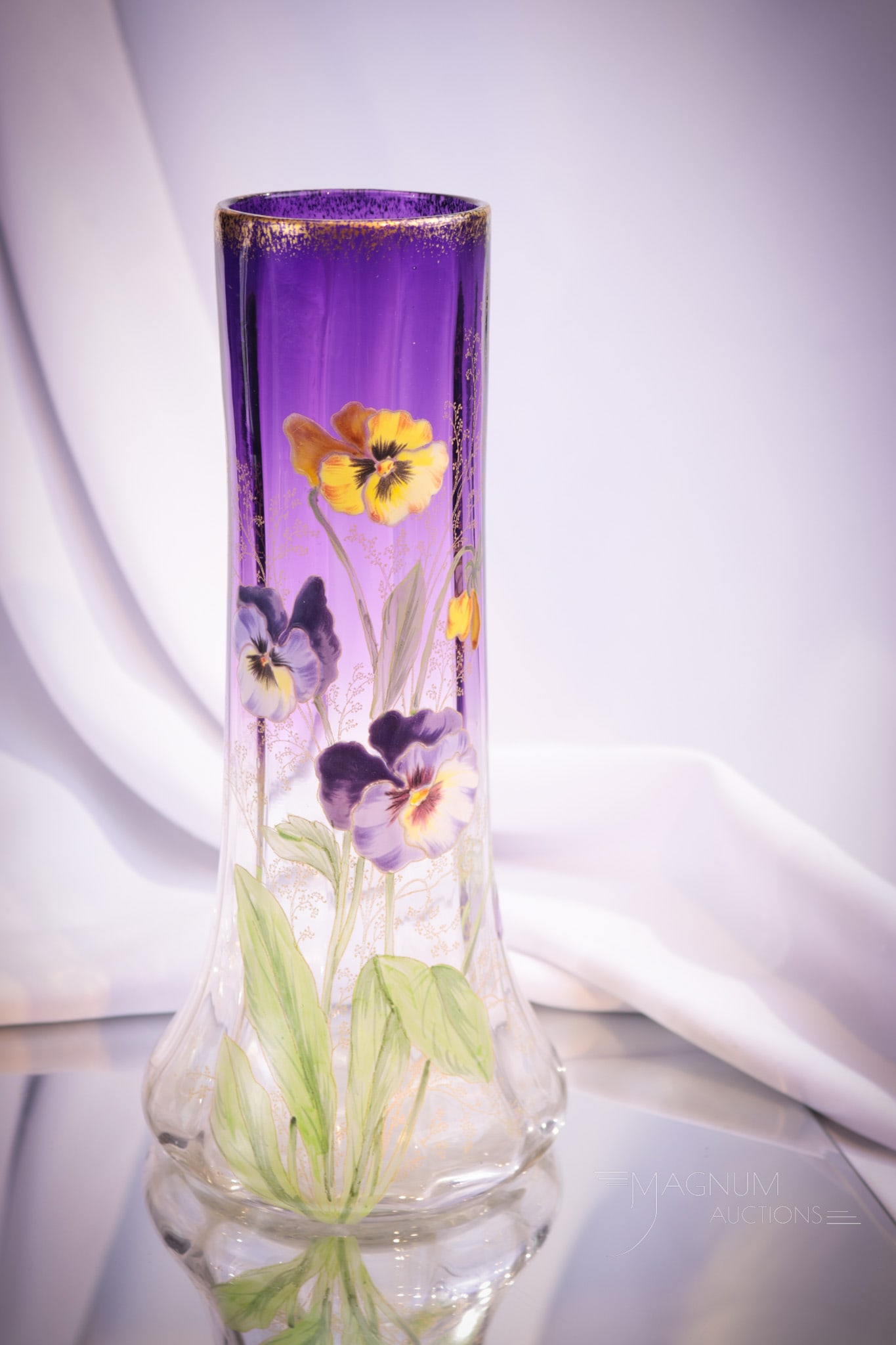 Legras Mt. Joye Amethyst Gilt Enameled Glass Pansy 10" Vase (1 of 5)