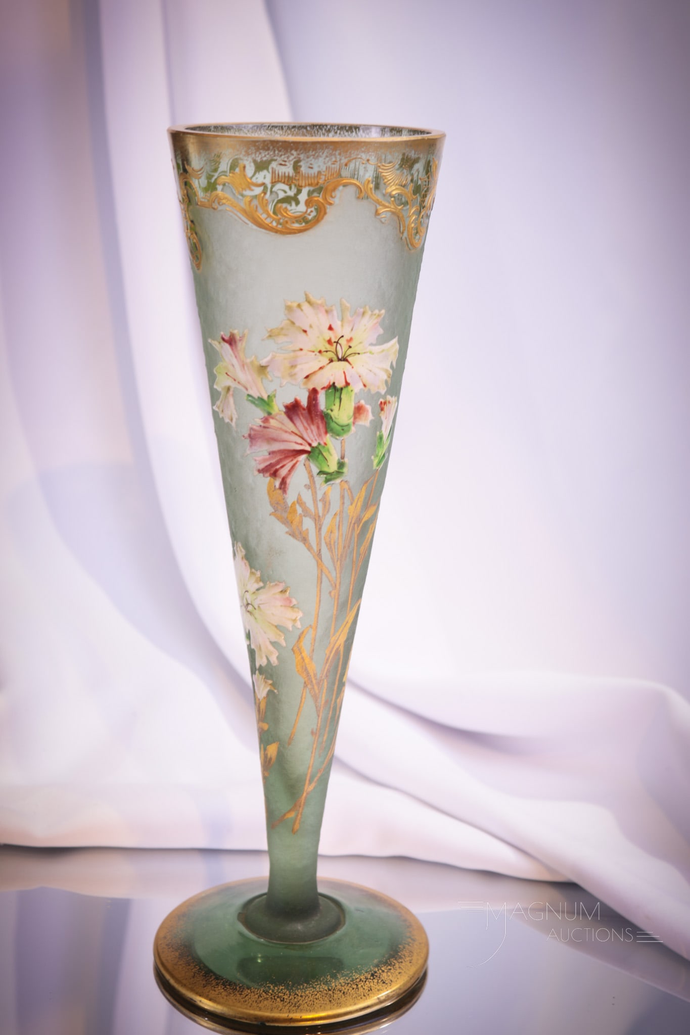 Signed Mt. Joye Frosted Green Enameled Gilt Glass 11" Vase (1 of 9)