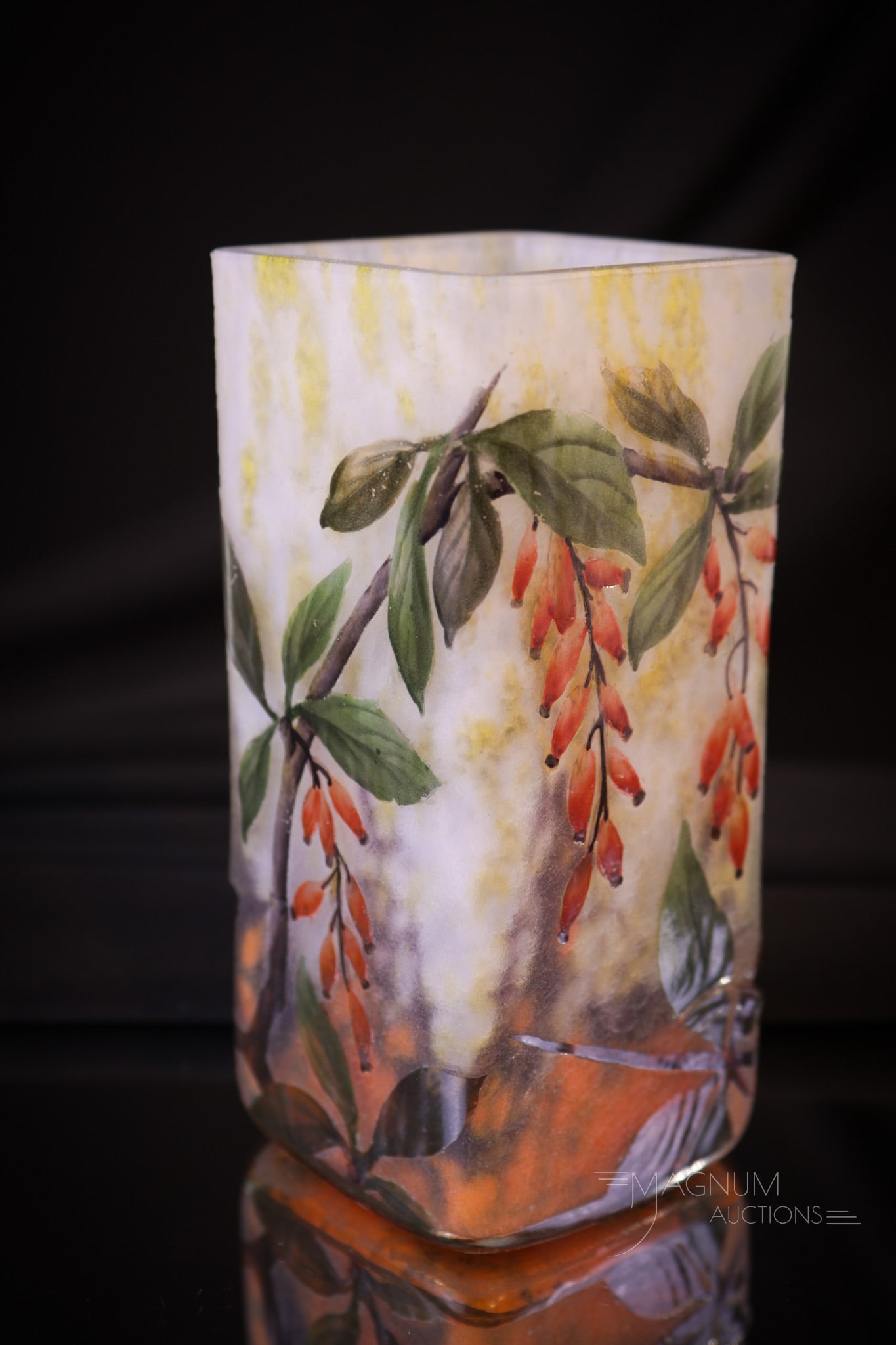 Signed Daum Nancy French Cameo Art Glass Rosehips Vase: A lovely find in a signed, "Daum Nancy" French cameo art glass vase decorated with rosehips and foliage. Vase is a fine example with excellent form and coloring. Measures 4 3/4" tall.