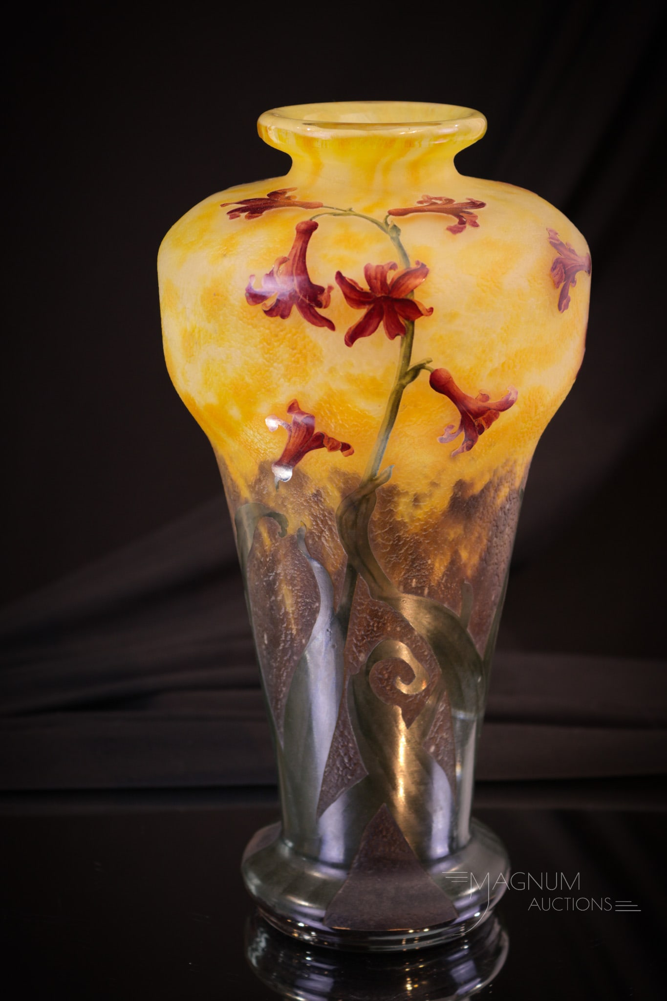 Signed Daum Nancy French Cameo Art Glass Wood Hyacinth 10" Vase: Stunning piece of signed, "Daum Nancy" French cameo art glass. This baluster form vase is prolificly decorated with wood hyacinths. Vase measures 10 1/4" tall. Lovely colors around the piece and excel