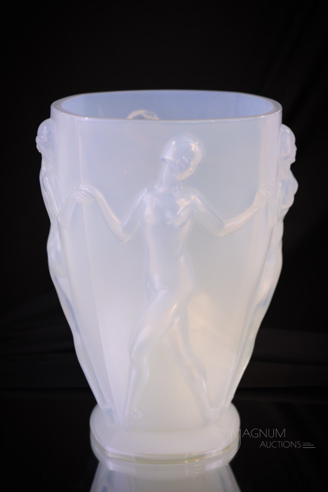 Signed Sabino Opalescent Glass Art Deco Nudes "La Ronde" 10" Vase: A super example of a signed, "Sabino" "La Ronde" opalescent glass Art Deco vase. Vase measures 10" tall. Dancing nude ladies around the body of the vase.