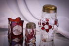 3 pc Lot Victorian Ruby Stained Glass Sugar Shaker Toothpick Salt Shaker