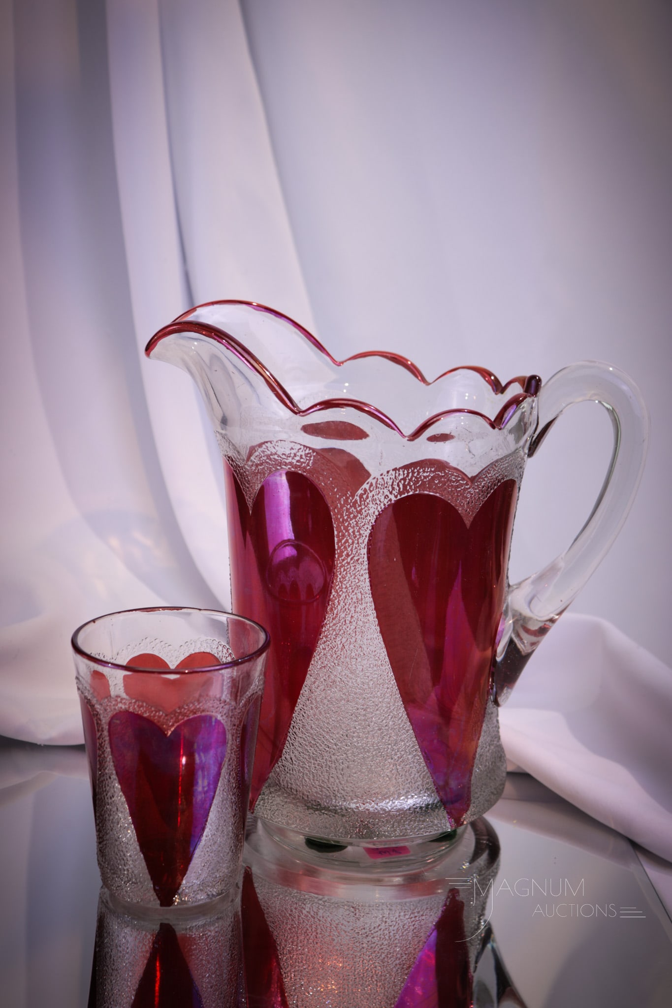 New Martinsville Ruby Stained Victorian Glass Heart in Sand Pitcher & Tumbler (1 of 8)