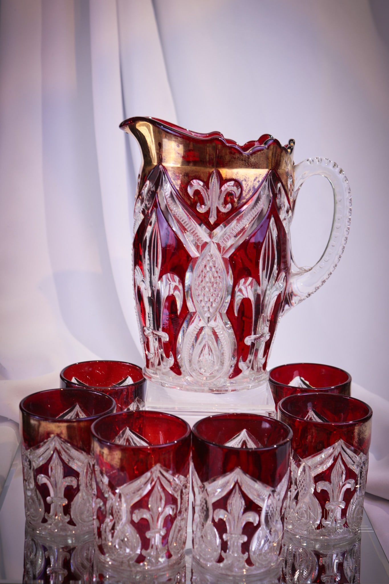 7 pc Ruby Stained Victorian Glass Arched Fleur-De-Lis Tarentum Glass Co. (1 of 11)