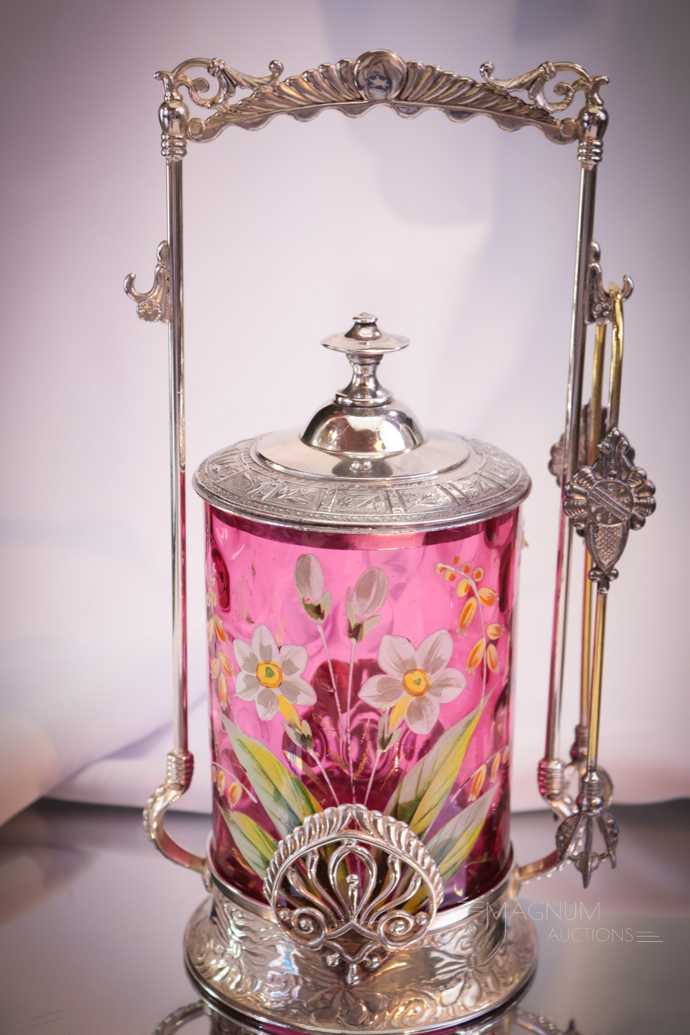 Pairpoint Victorian Silverplate Cranberry Enameled Glass Pickle Castor (1 of 9)