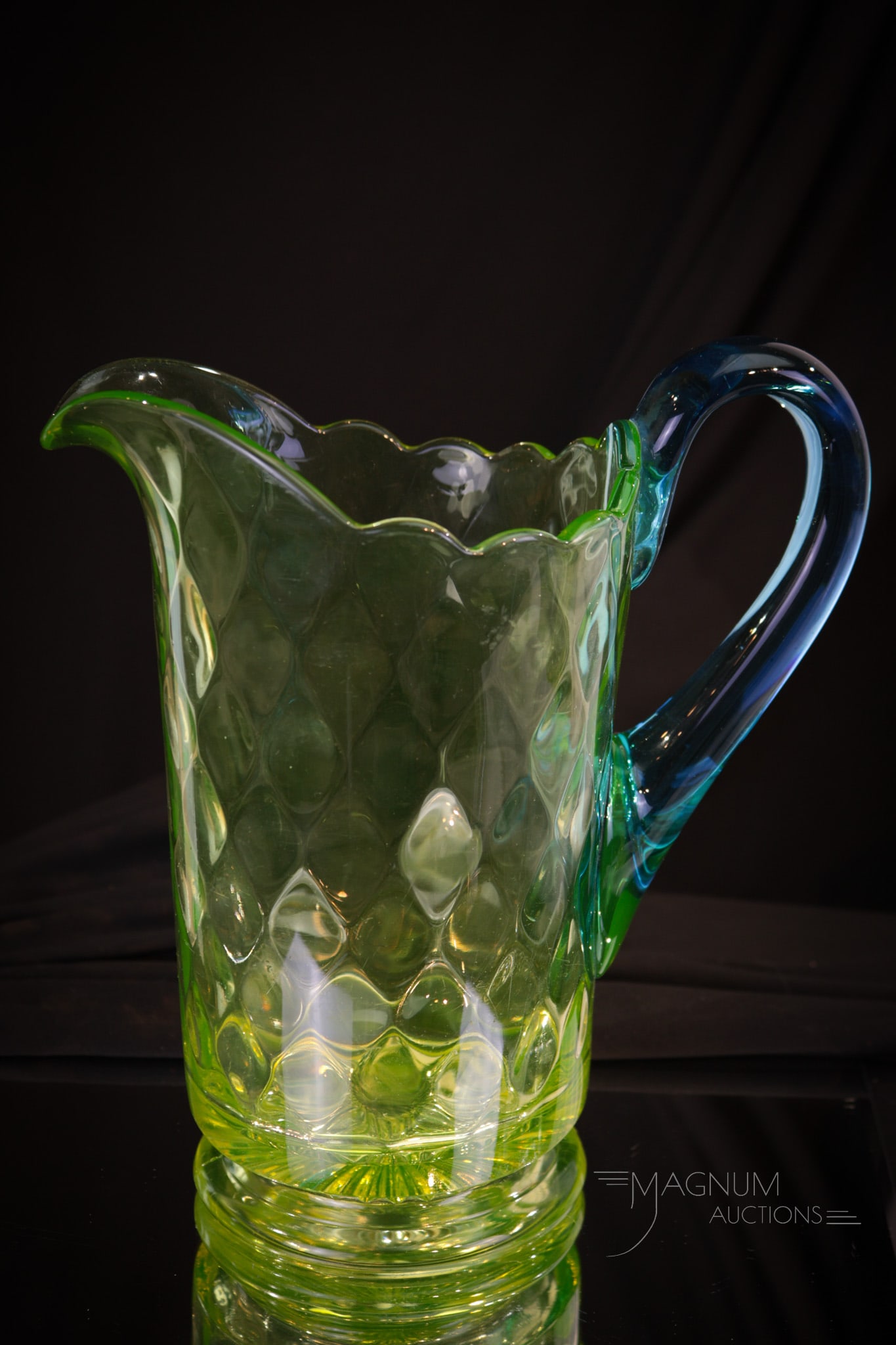 Vaseline Glass Diamond Quilt Blue Handle Water Pitcher (1 of 6)