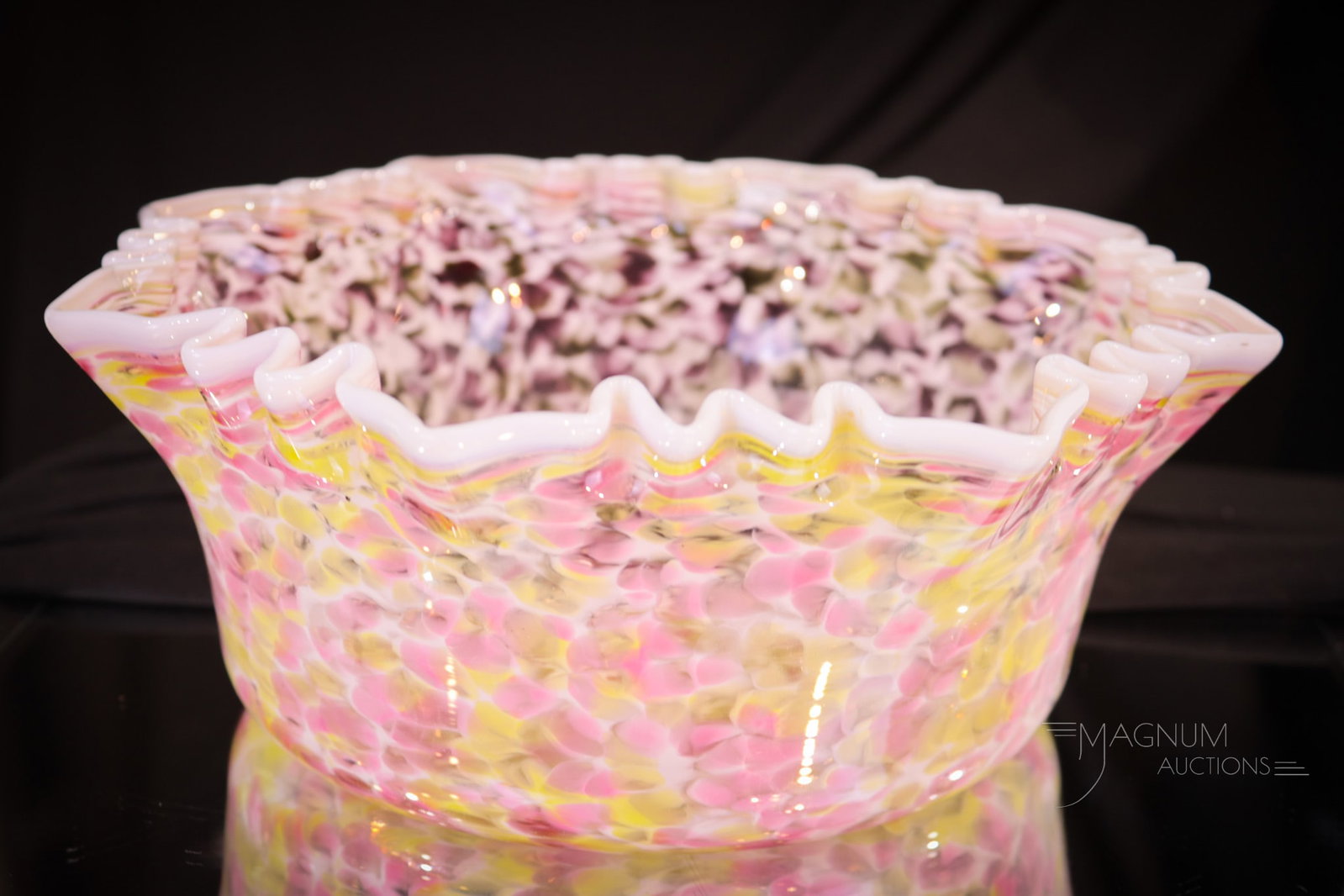 Scarce Hobb's Victorian Pink Yellow Spatter Glass Brides Bowl: A seldom found coloration for a Hobb's glass bowl. This example is found with pink, white, and yellow spatter body and applied white glass rim. Bowl measures 3 3/4" tall, 9 1/2" diameter.