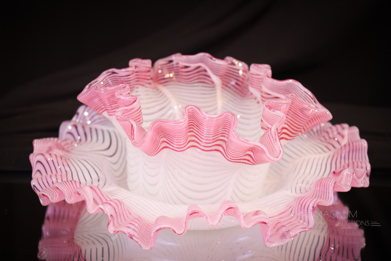 Victorian Hobb's Venetian Threaded Nailsea Bowl & Underplate: A seldom found form for Hobb's Venetian glass. This is a bowl and matching underplate. Piece is white Nailsea on clear ground with pink threading. Measures 3 1/2" tall, 8" in diameter.