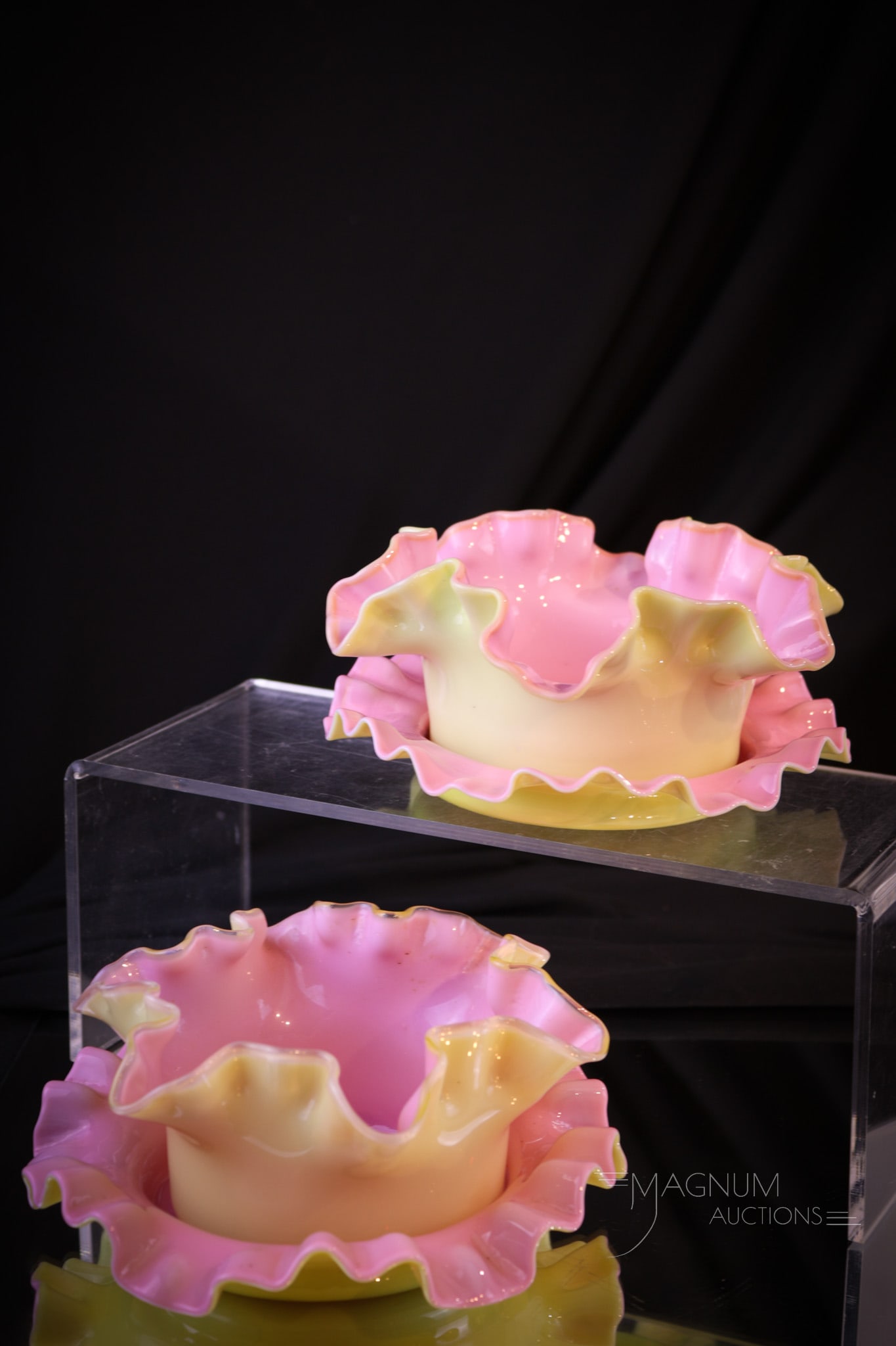 2 pc Hobb's #206 Victorian Glass Finger Bowl 7 Underplate Sets: A fine offering of two more Hobb's #206 cased finger bowls and underplates. This lot is two sets in yellow cased with pink interiors. Each measures 3" tall, 6" diameter.