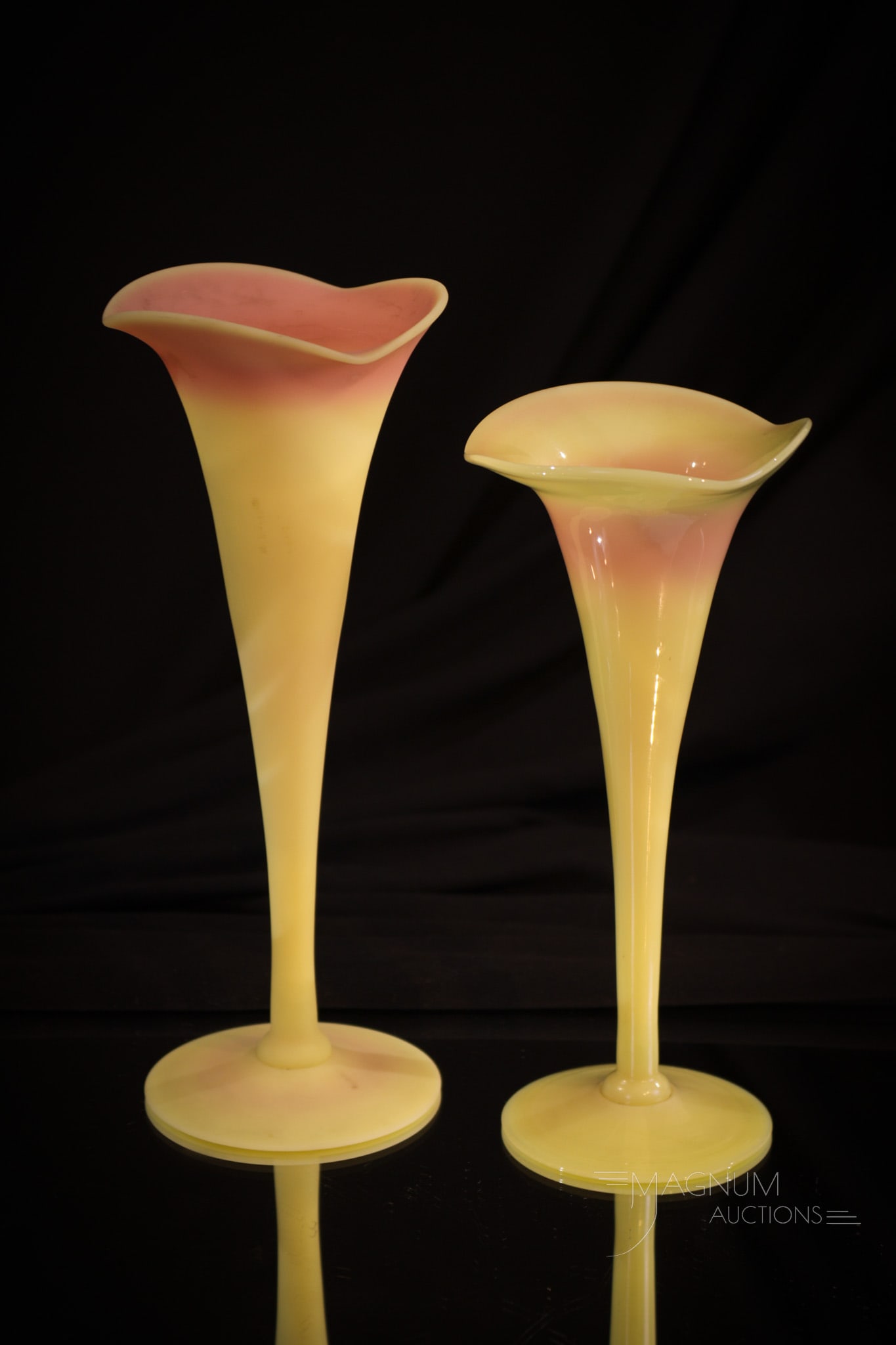 2 pc Lot Mt. Washington Burmese Victorian Glass Lily Vases (1 of 7)