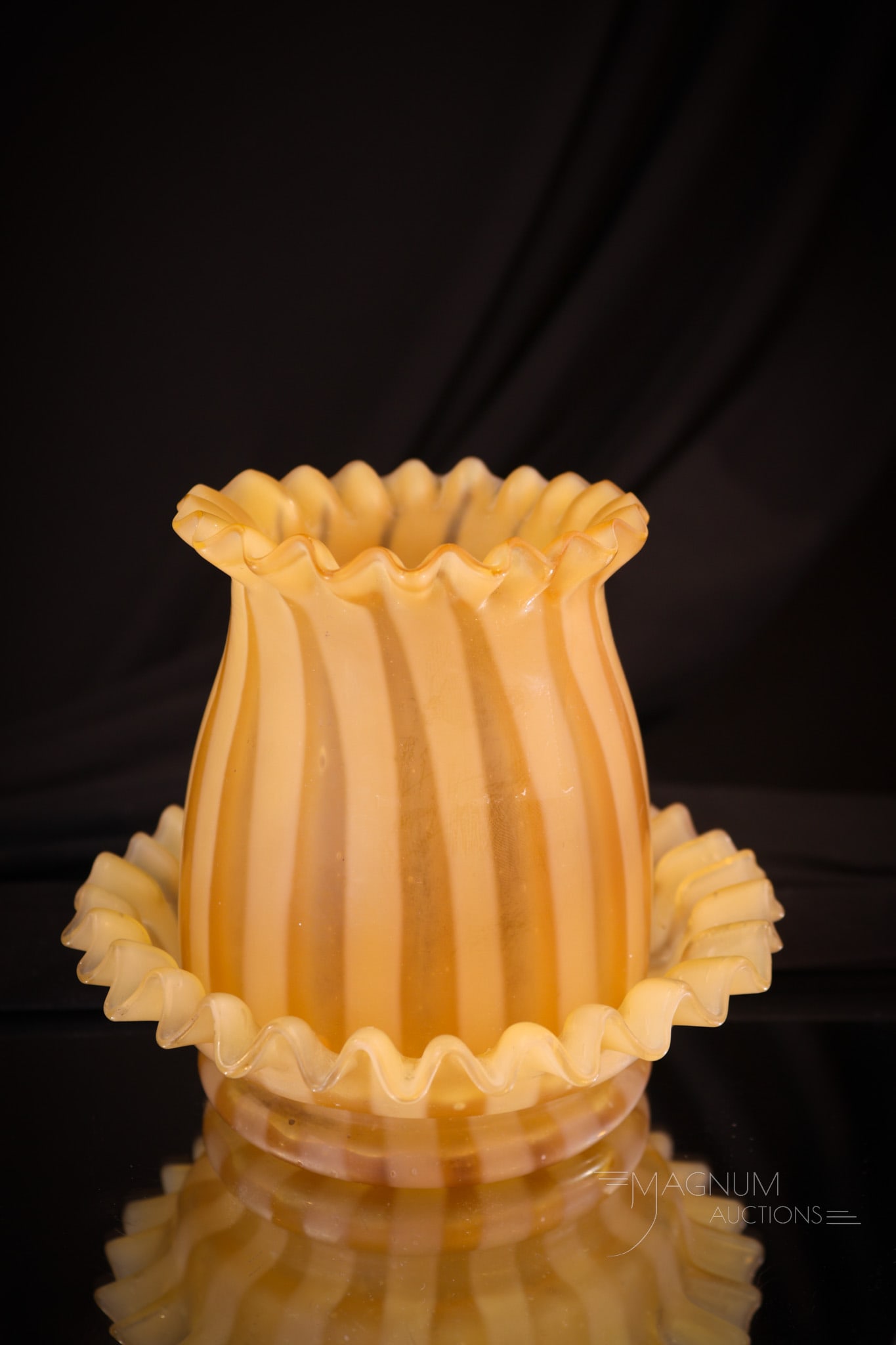 Amber Opalescent Stripe Victorian Glass Fairy Lamp: Rich honey amber coloring with opalescent vertical stripes makes up this Victorian fairy lamp. This lamp measures 4 3/4" tall.