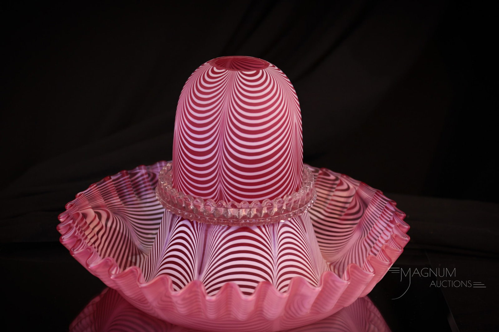 Cranberry Satin Nailsea Victorian Glass Clarke's Signed Fairy Lamp: Dramatic form is found in this large cranberry Nailsea Victorian fairy lamp complete with a petticoat skirt base. Great color and pattern to the Nailsea glass. Candle cup is also signed Clarke's.