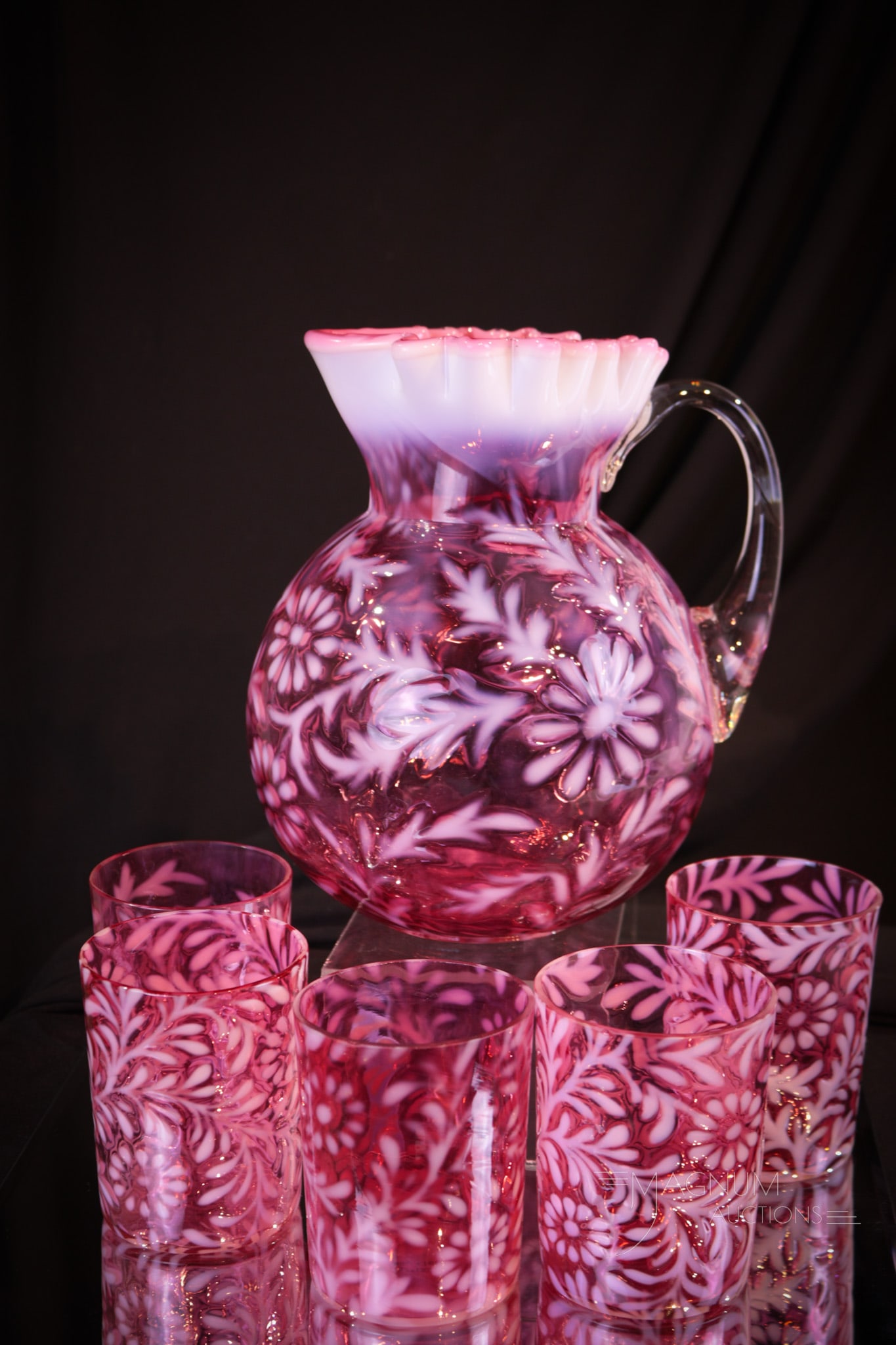 6 pc Northwood Cranberry Opalescent Daisy & Fern Victorian Glass Water Set (1 of 9)