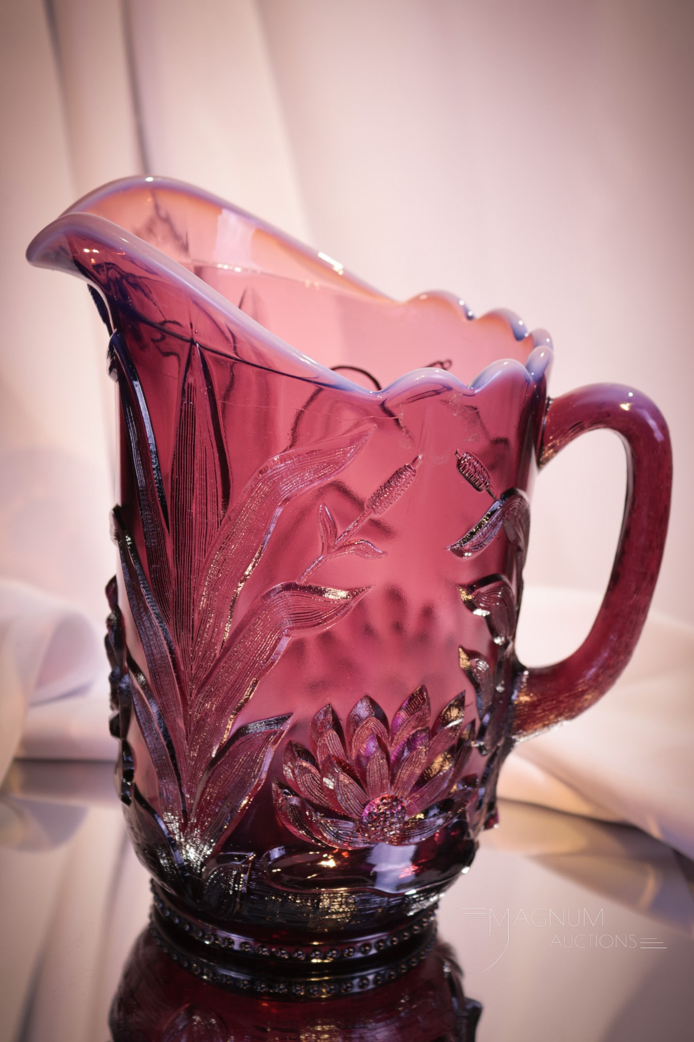 Scarce Plum Opalescent Fenton Water Lily & Cattail Water Pitcher (1 of 5)