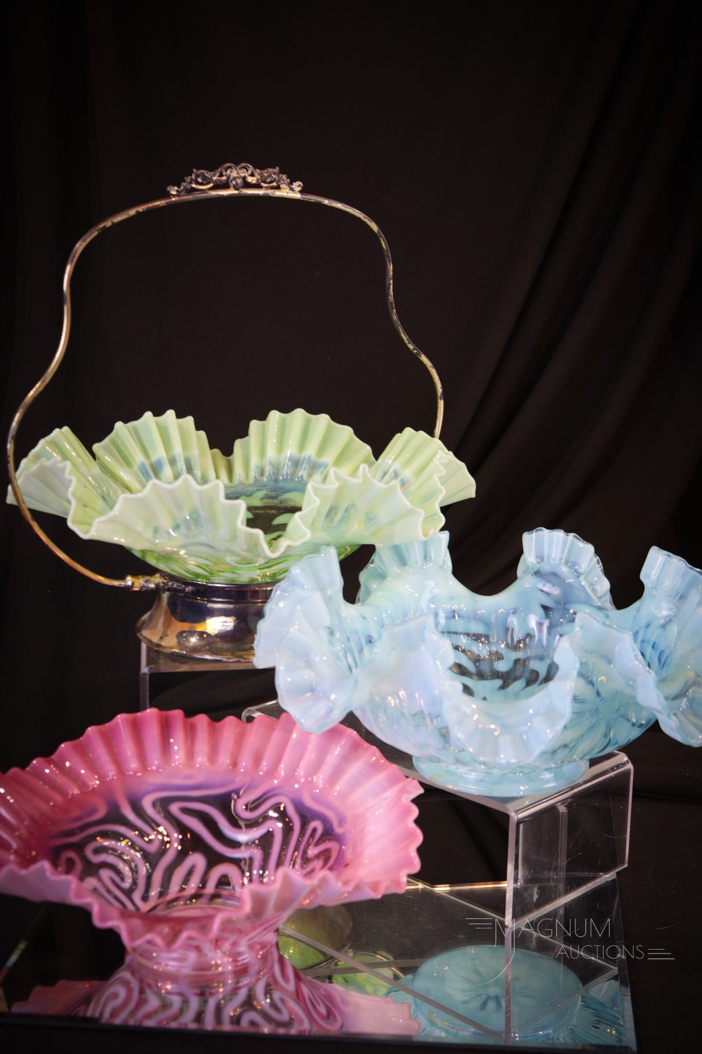 3 pc Lot Northwood Green Opalescent Victorian Glass Brides Basket & More (1 of 10)