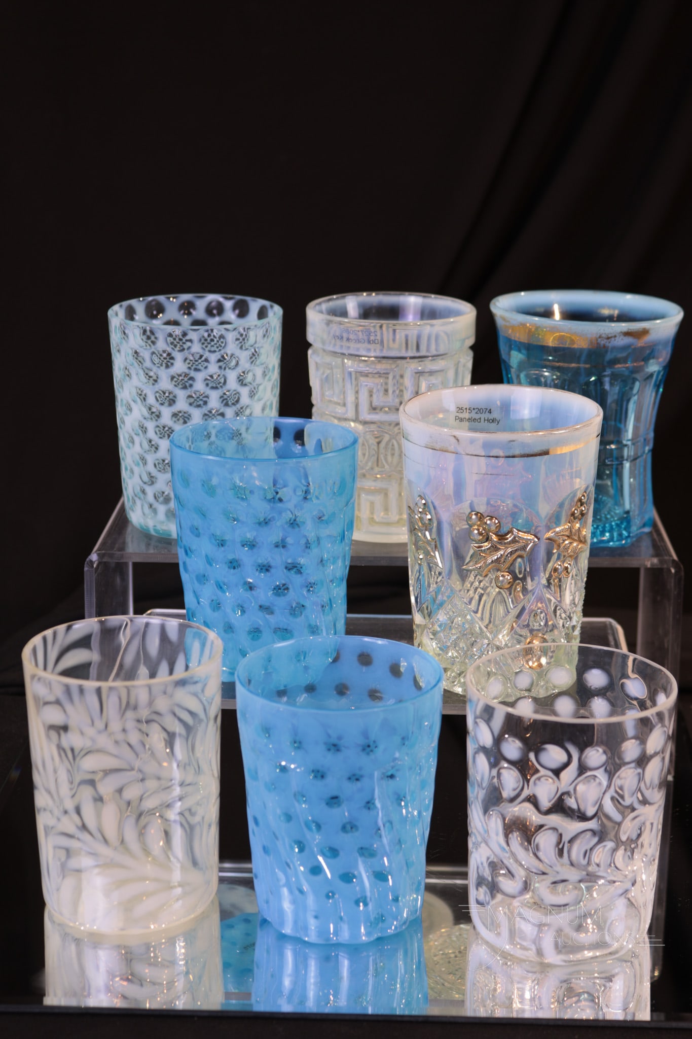 8 pc Lot Victorian Opalescent Glass Tumblers Northwood Hobbs Nickel Plate: A generous offering of Victorian glass tumblers. This lot includes makers such as Hobb's, Northwood, Beaumont, and Fostoria Nickle Plate. Tallest of the lot measures 4 1/4".