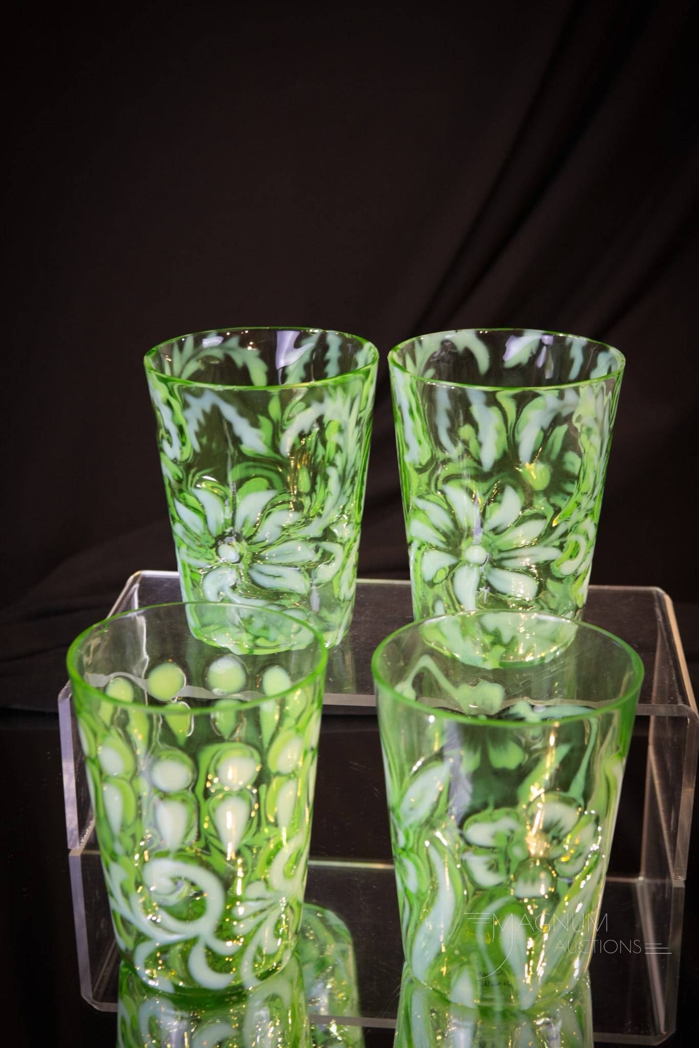 4 pc Lot Green Opalescent Victorian Glass Northwood & More Tumblers (1 of 9)