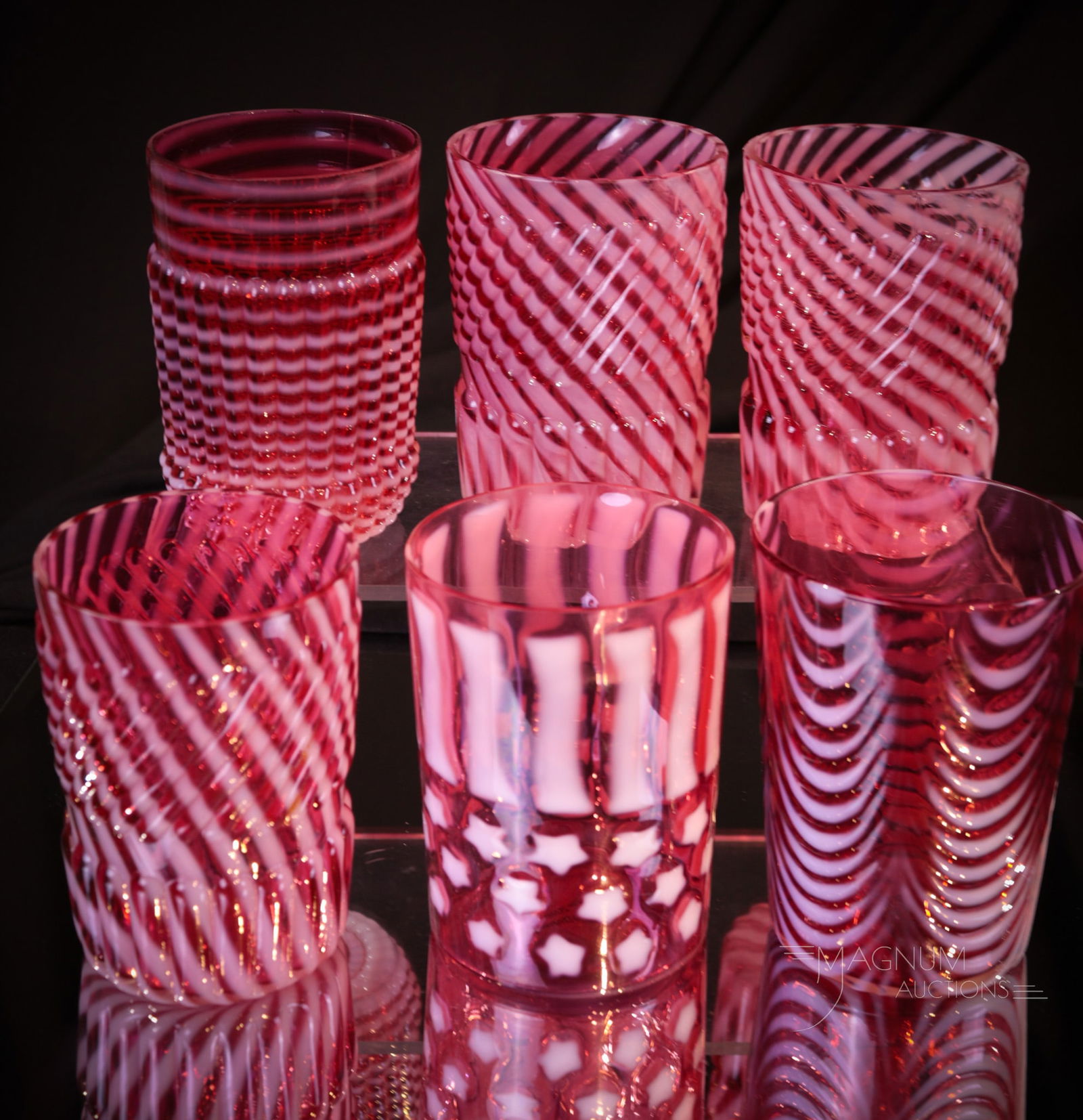 6 pc Lot Victorian Northwood Cranberry Opalescent Glass Tumblers (1 of 5)