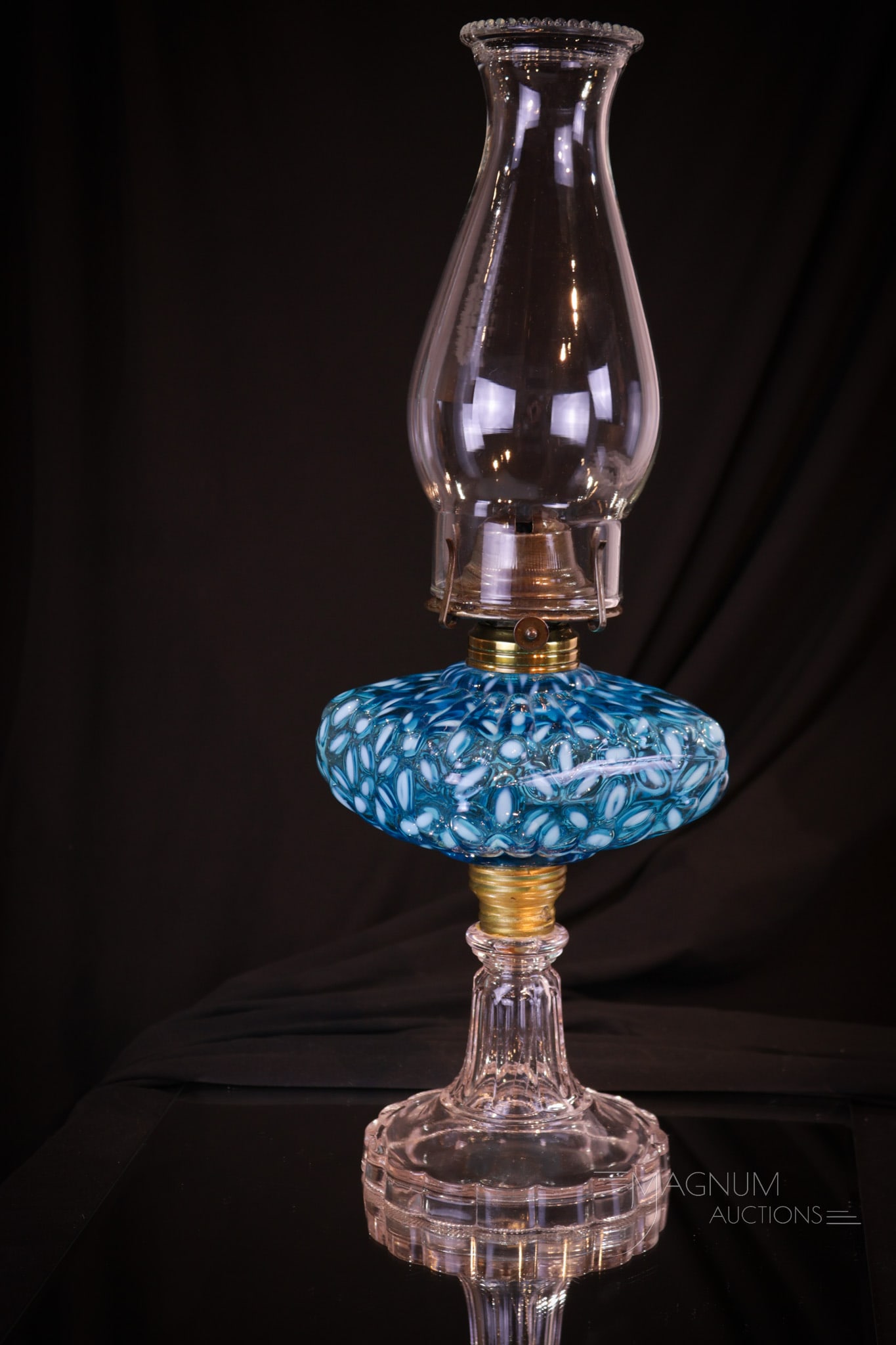 Blue Opalescent Snowflake Victorian Glass Stand Oil Lamp (1 of 8)