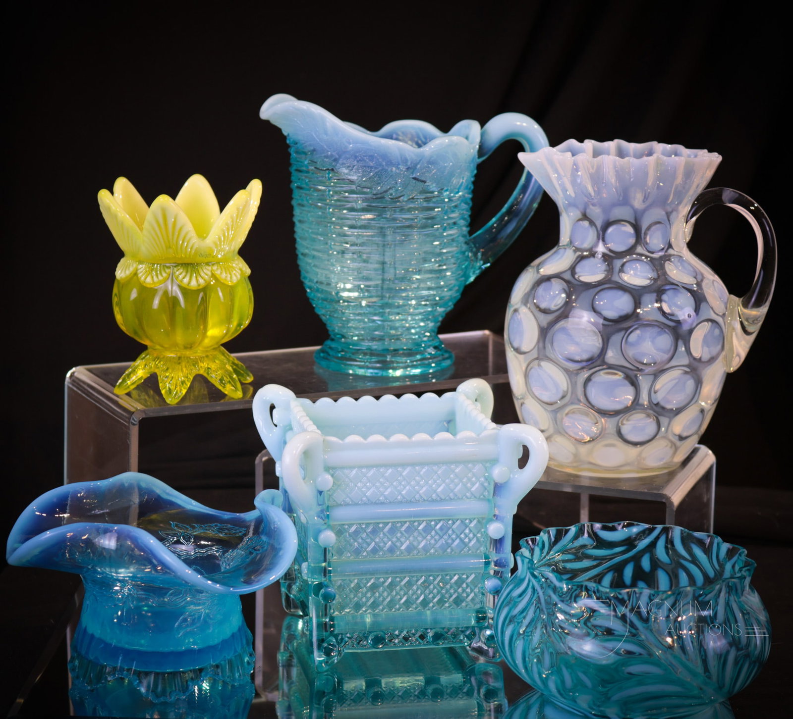 6 pc Lot Victorian Opalescent Blue & Vaseline Glass: Six pleasures to behold in this lot of Victorian opalescent glass. This offering includes a Blue "Fern" berry bowl, a "Frosted Leaf & Basketweave" creamer, a 'Trailing Vine" nappy, an opal square-shap