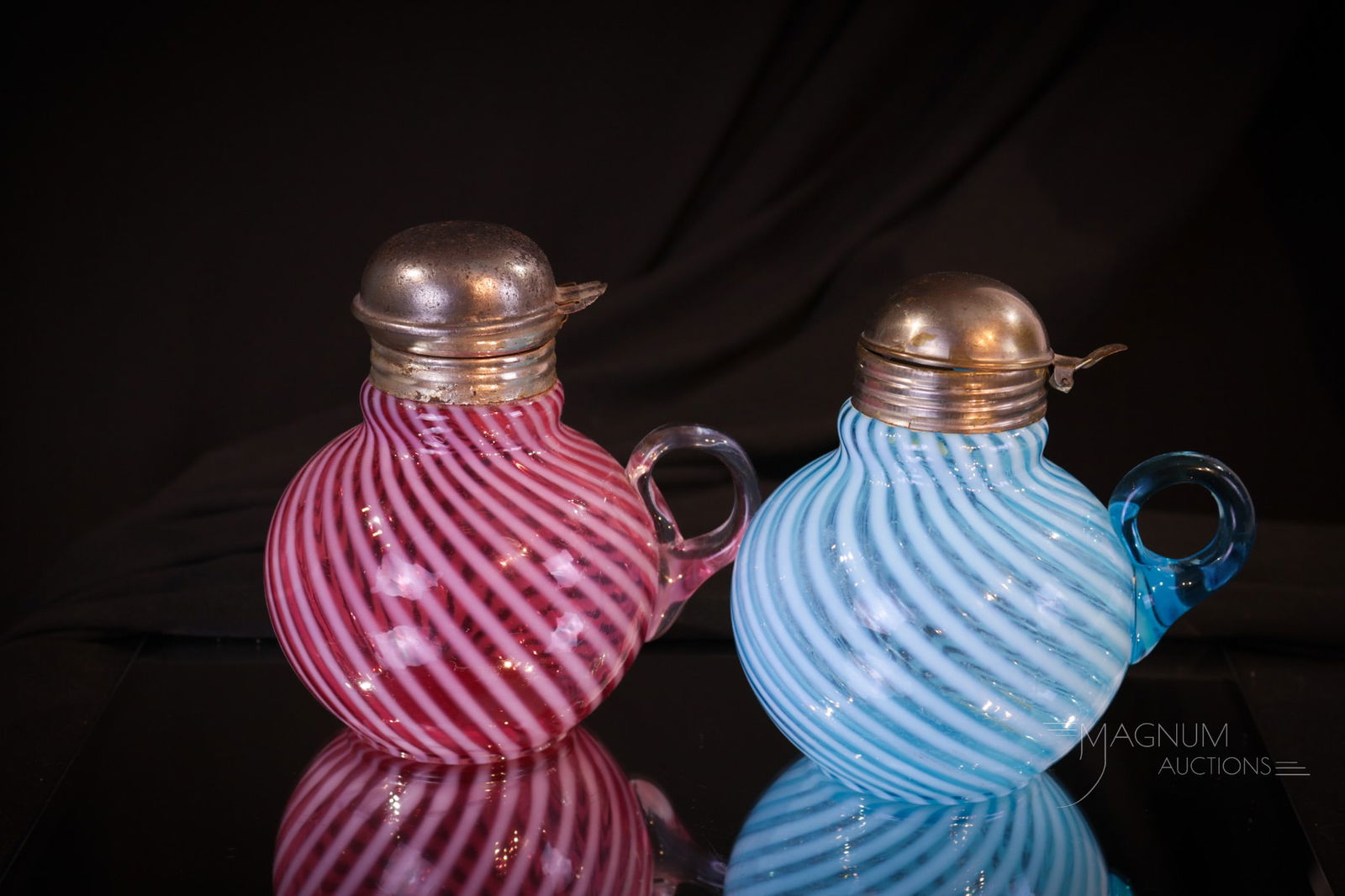 2 pc Lot Hobb's Swirl Victorian Glass Opalescent Syrup Pitchers (1 of 9)
