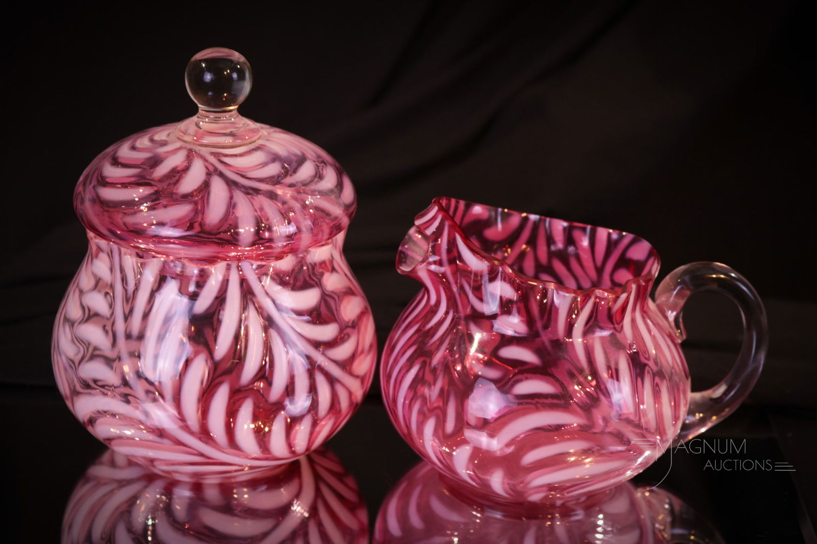 Rare Victorian Cranberry Opalescent Glass Fern Creamer & Sugar (1 of 8)