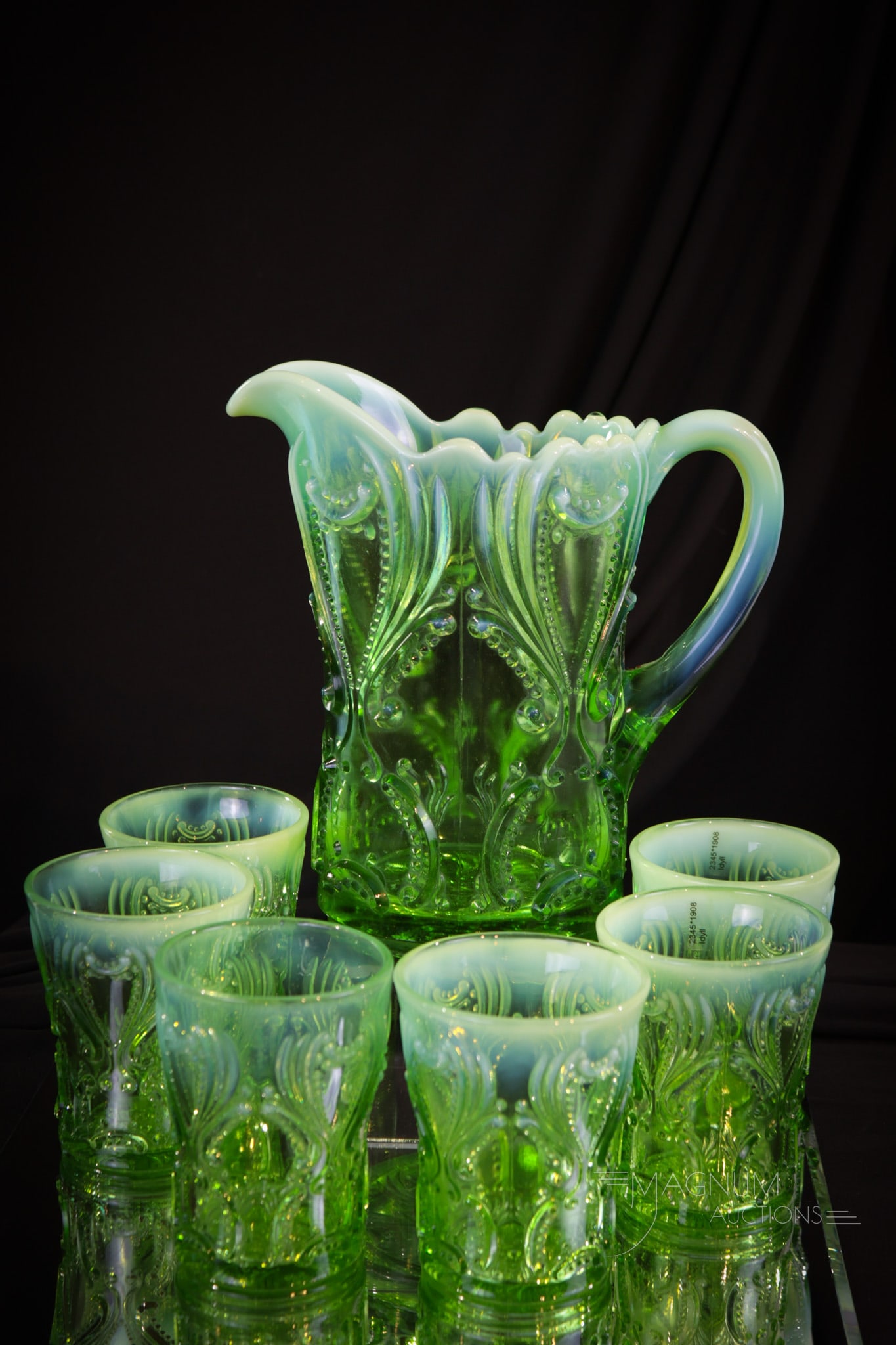 7 pc Jefferson Glass Victorian Green Opalescent Idyll Water Set (1 of 9)