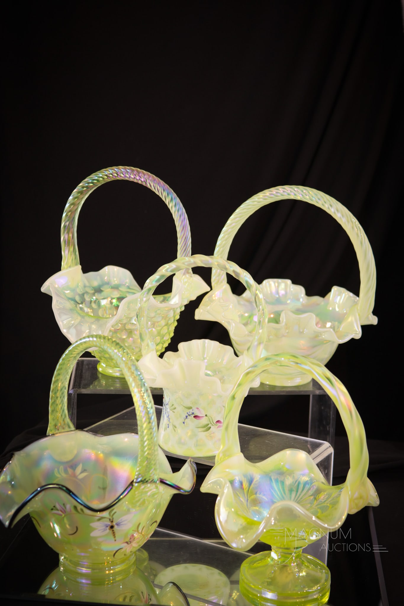 5 pc Lot Fenton Vaseline Topaz Glass Baskets hand Painted & More (1 of 11)