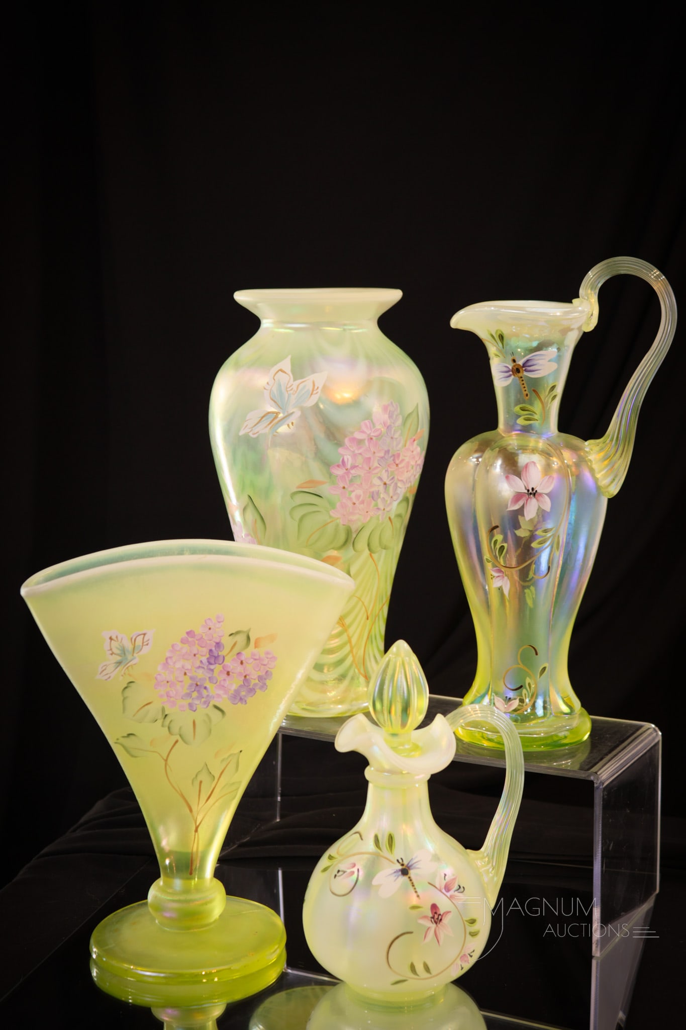 4 pc Lot Fenton Topaz vaseline Opalescent Iridescent Hand Painted Glass (1 of 12)