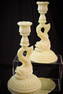 Pair Cambridge Dolphin Ivory Uranium Glass Candlesticks