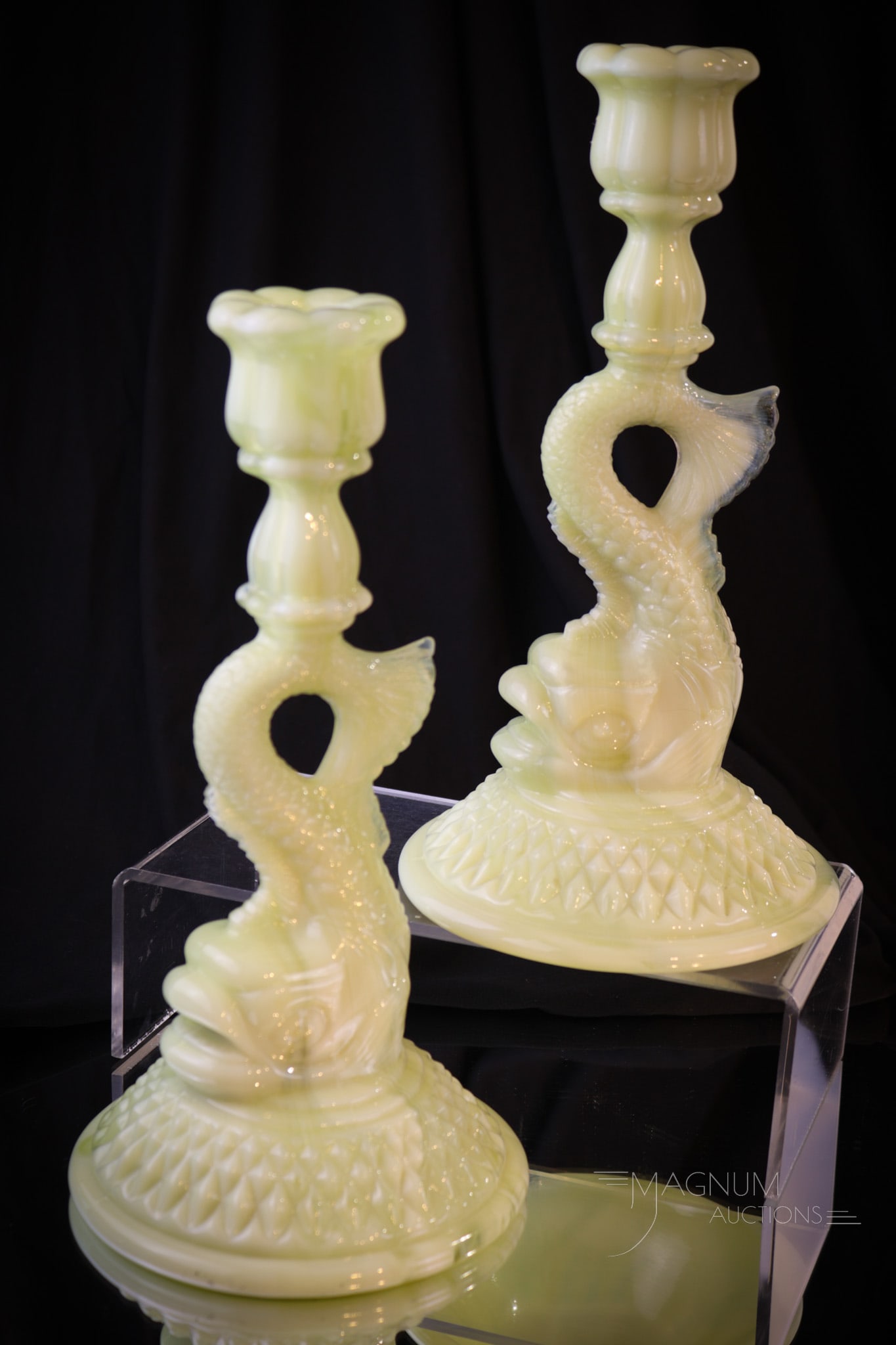Pair Very rare Uranium Cambridge Ivory Slag Glass Dolphin Candlesticks (1 of 7)