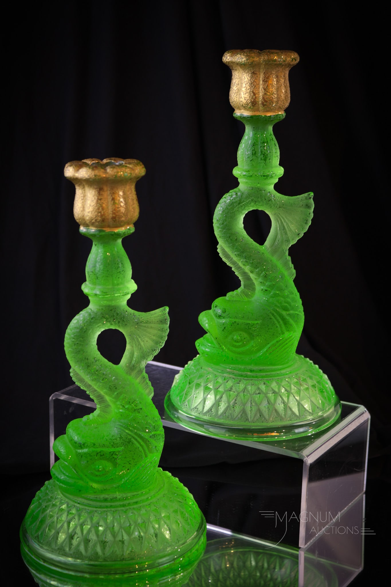 Pair of Uranium Light Emerald Cambridge Glass Dolphin Gilt Candlesticks (1 of 8)