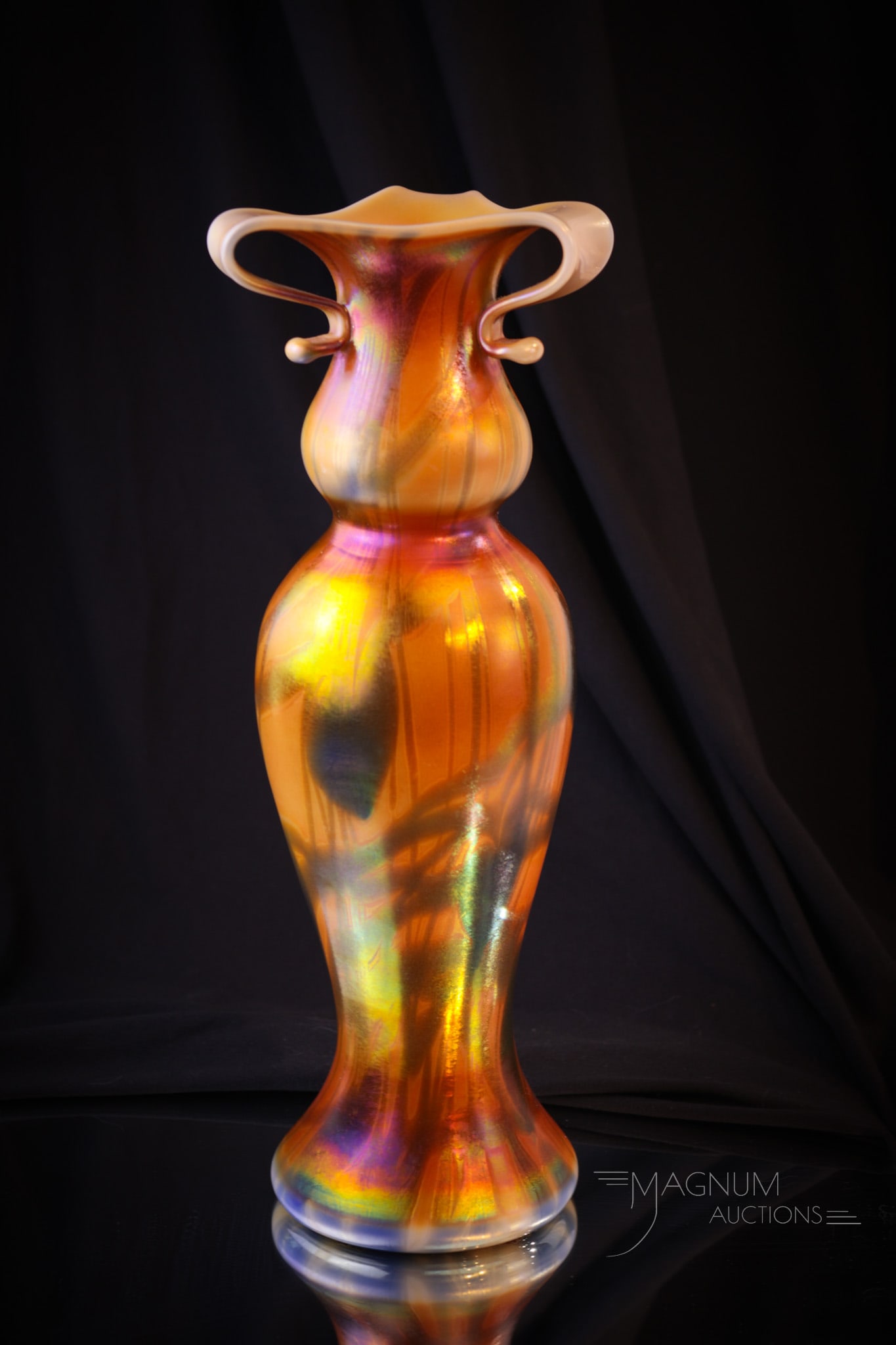 Imperial Freehand Orange Iridescent Heart & Vine Rabbit-Ear Vase (1 of 4)