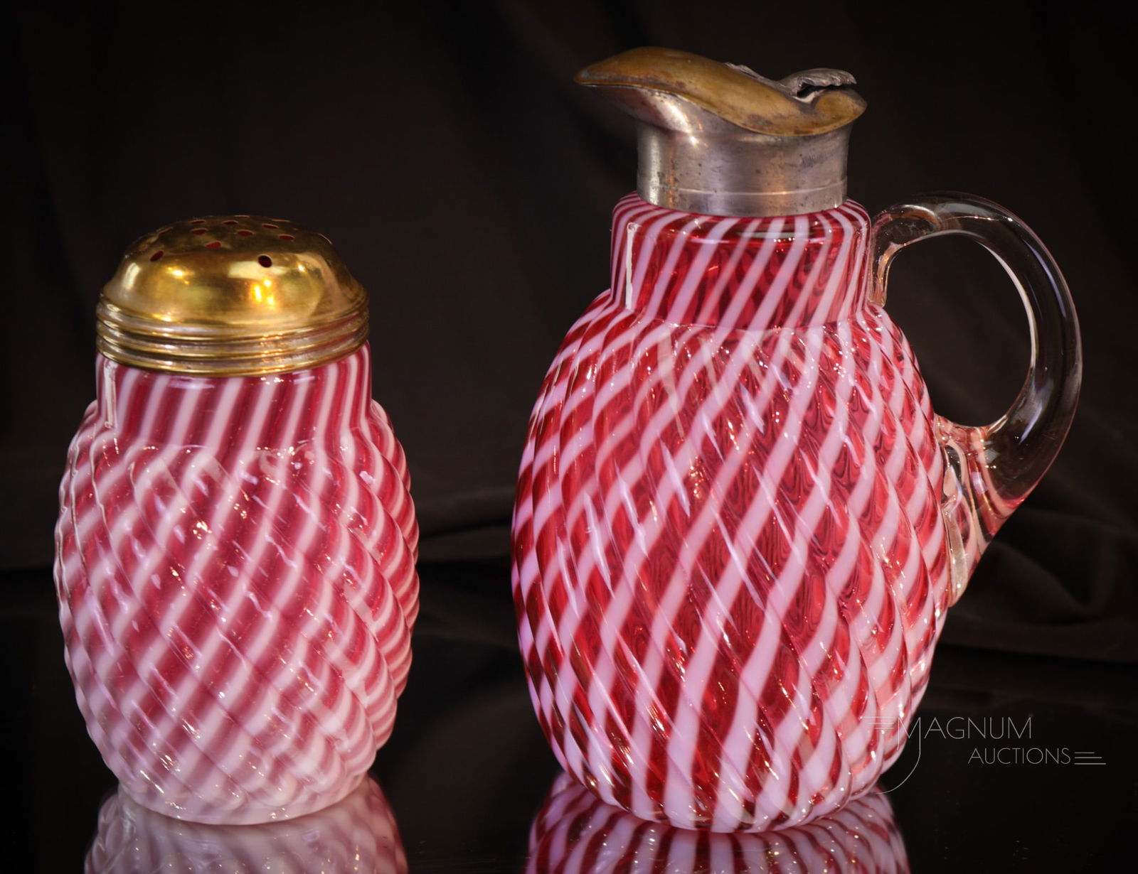 2 pc Lot Cranberry Opalescent Reverse Swirl Syrup & Sugar Shaker (1 of 11)