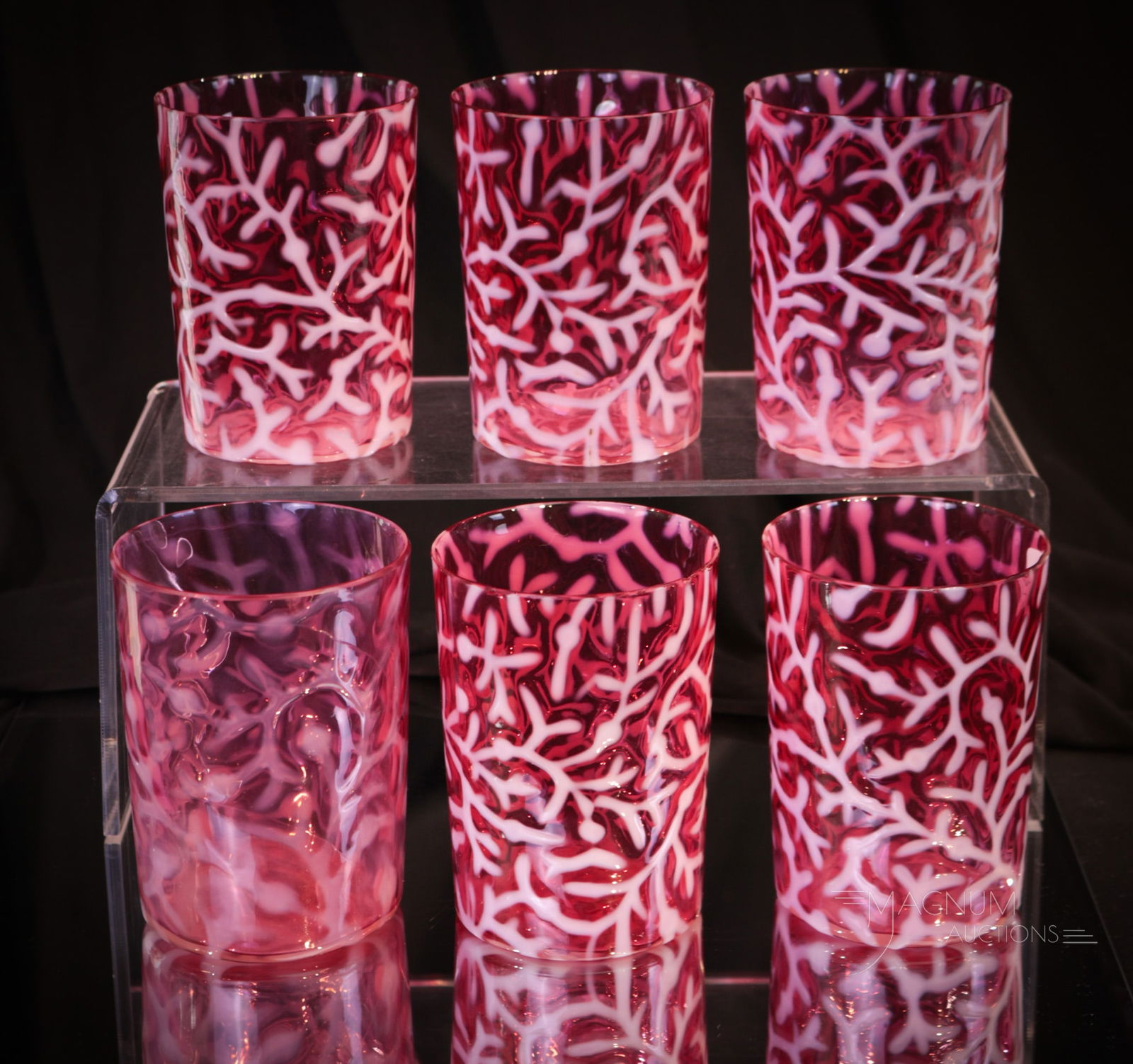 6 pc Lot Hobb's Cranberry Opalescent Seaweed Victorian Glass Tumblers (1 of 6)